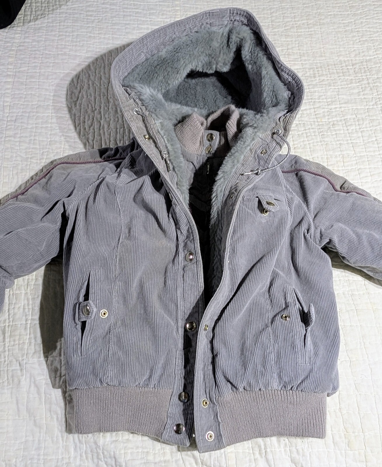 Vintage Mod Maid Coat 60s 70s Women’s SMALL Gray Corduroy Purple Trim Hooded