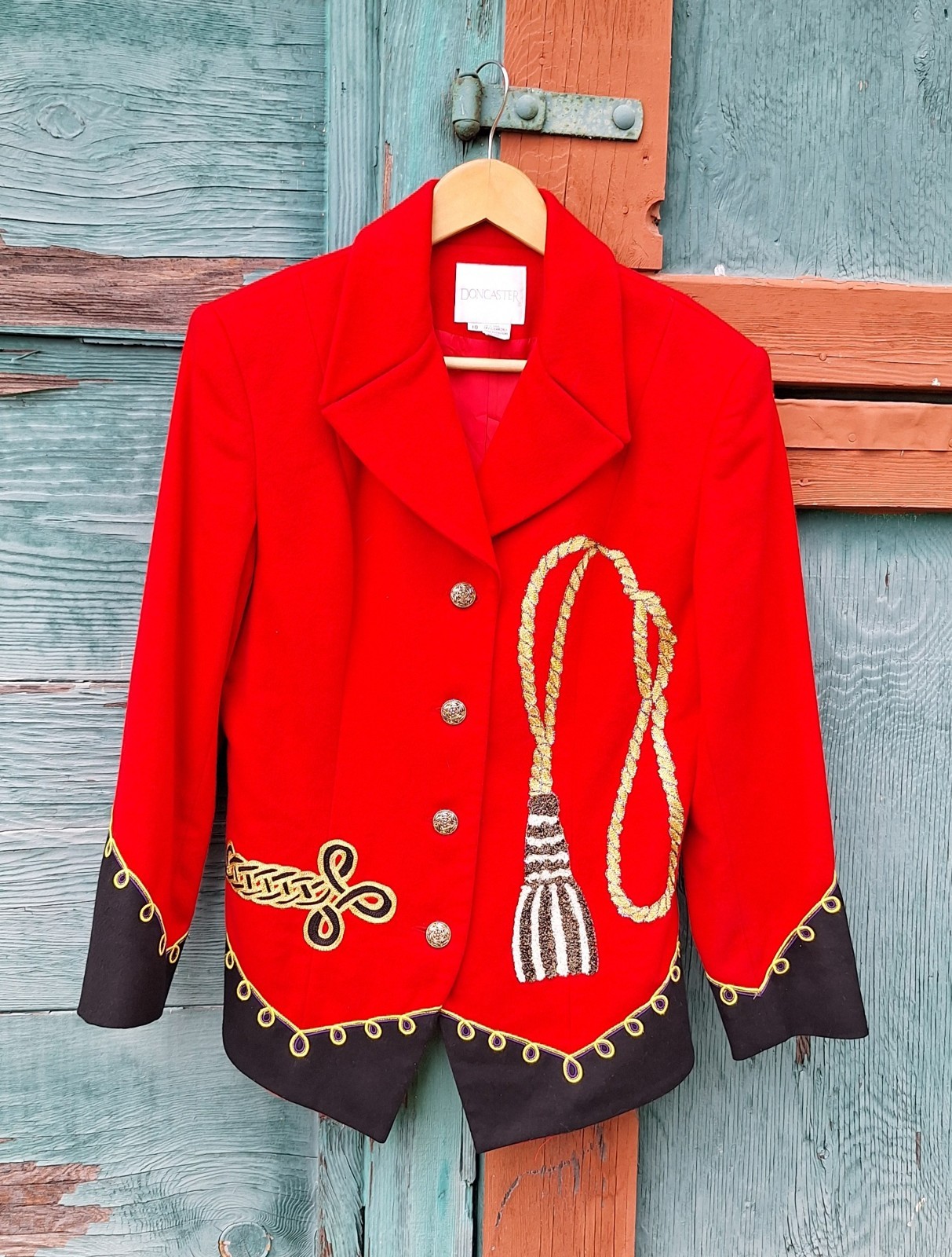 Vintage Blazer Red Wool with Embroidered Tassels by Doncaster – 1980s