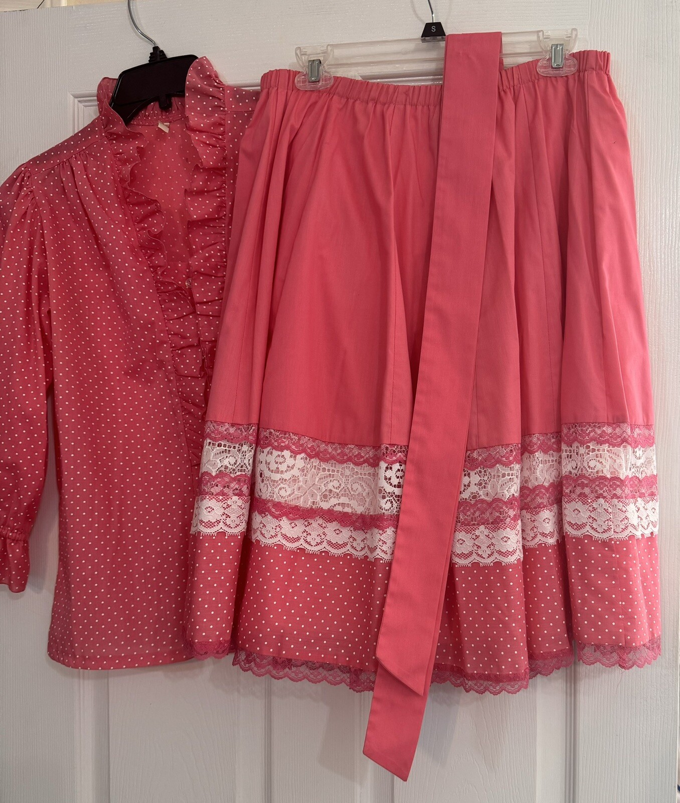 Vtg 70s Pink Polkadot Blouse & Skirt Little House Creations Carefree Creations