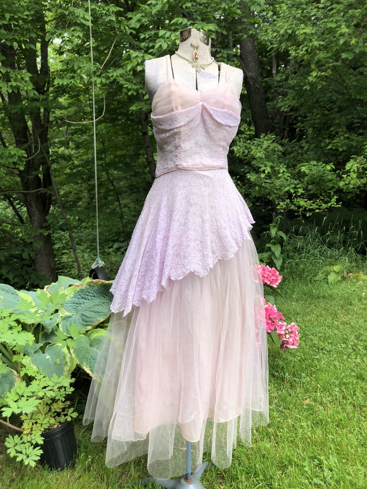 Vintage 1940’s 1950’s Pink Lace Tulle Unique Design Gown Dress w Jkt 34-26-48