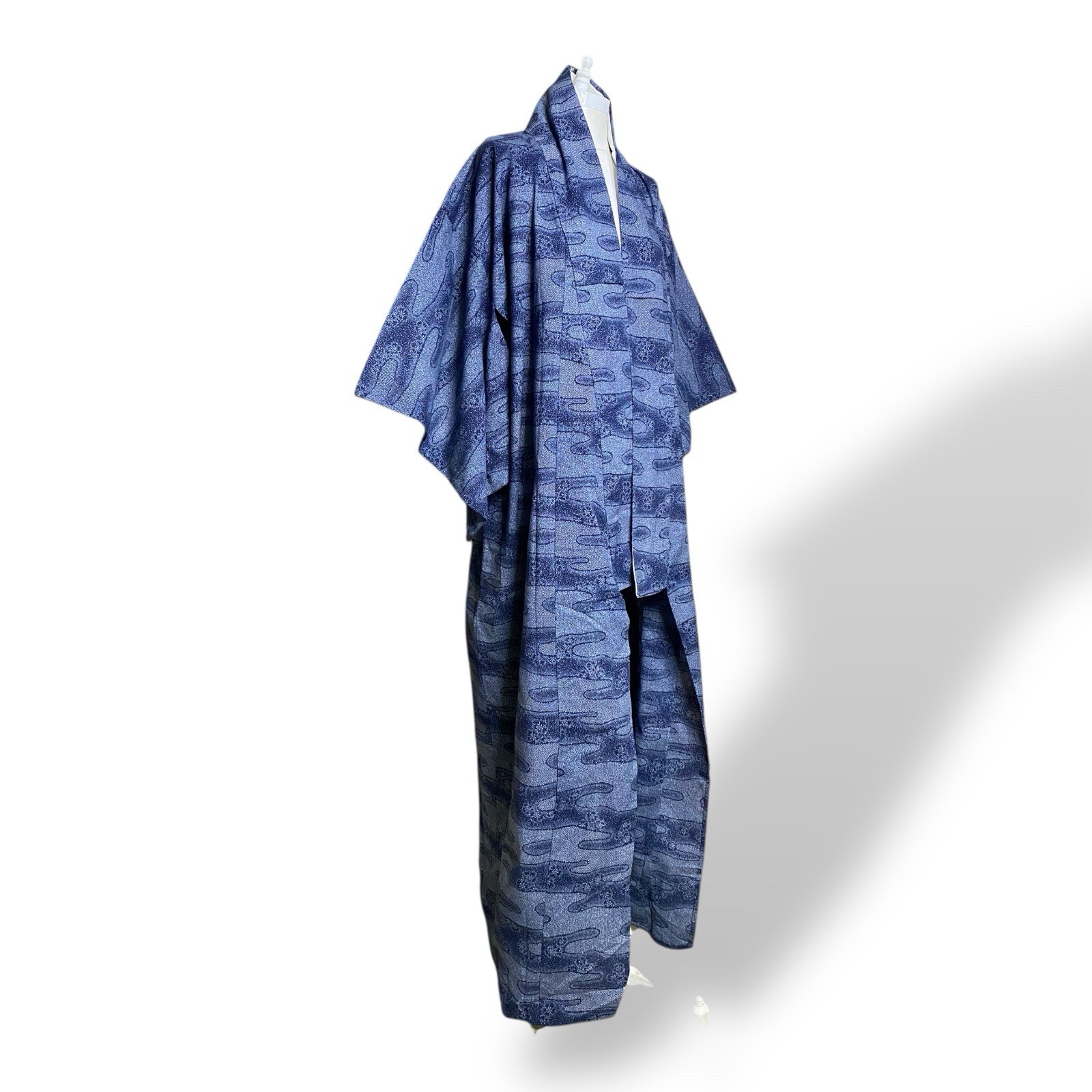 Vintage Kimono Robe Blue Hand Dyed Cotton Full Length 1970s Unisex OSFA Japanese