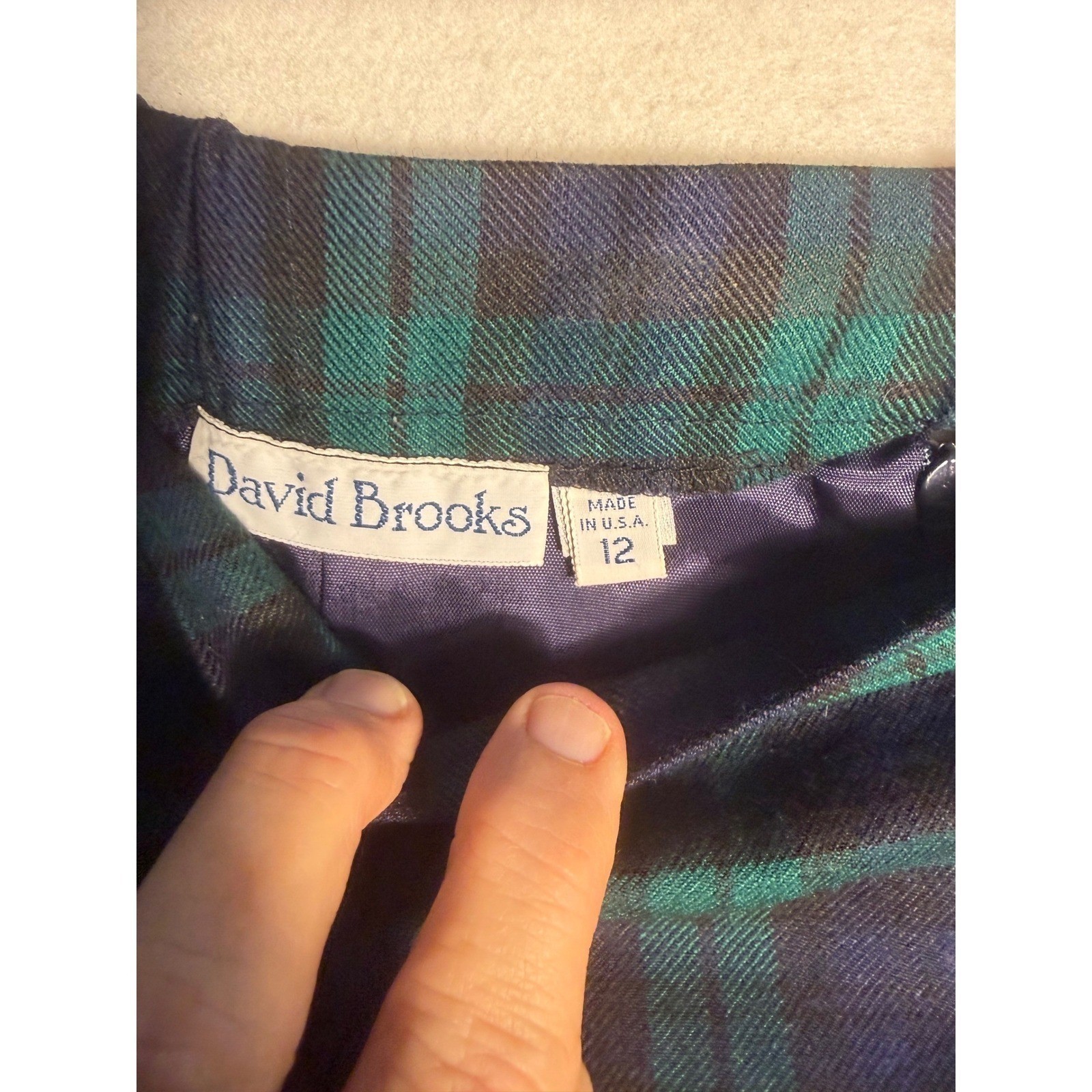 Vintage David Brooks Plaid Worsted Wool Blend Pencil Skirt Navy Green Lined 12