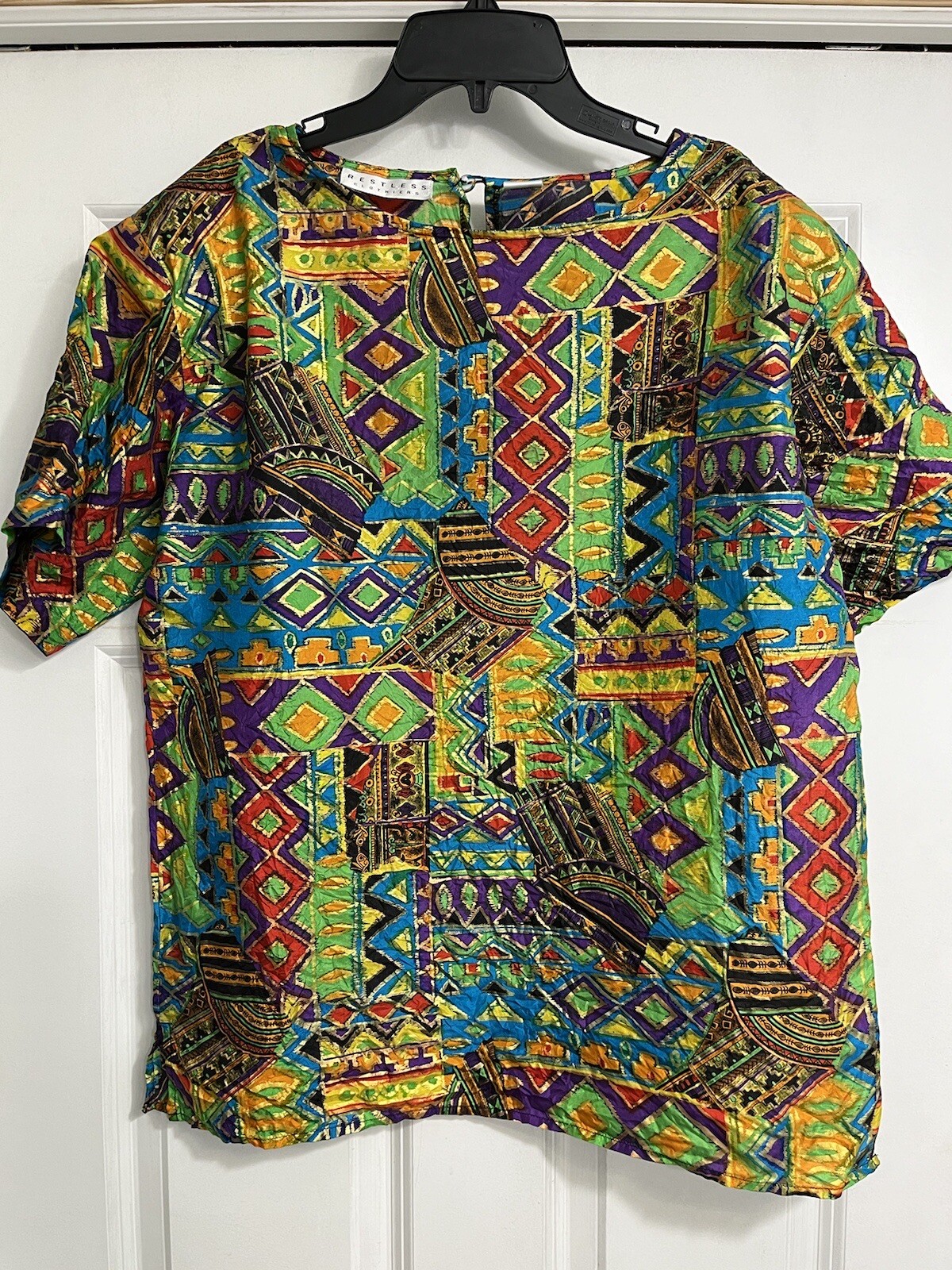 Restless Clothiers Large Top 100% Silk Blouse Bold Colorful Shoulder Pads Shirt