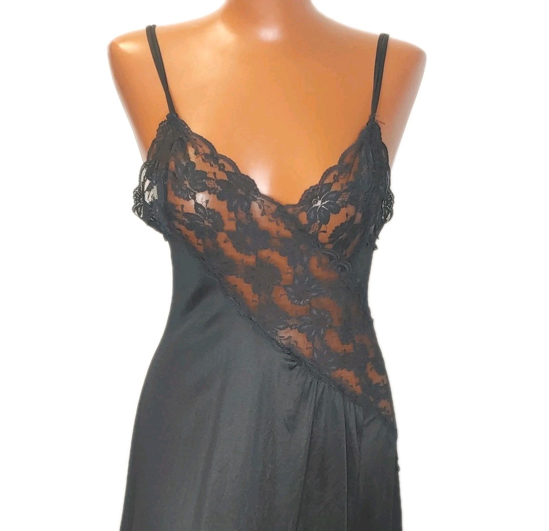 Vintage Sheer Lace Nylon Long Slip Dress Woman Sz 30 Satin Black High Front Slit