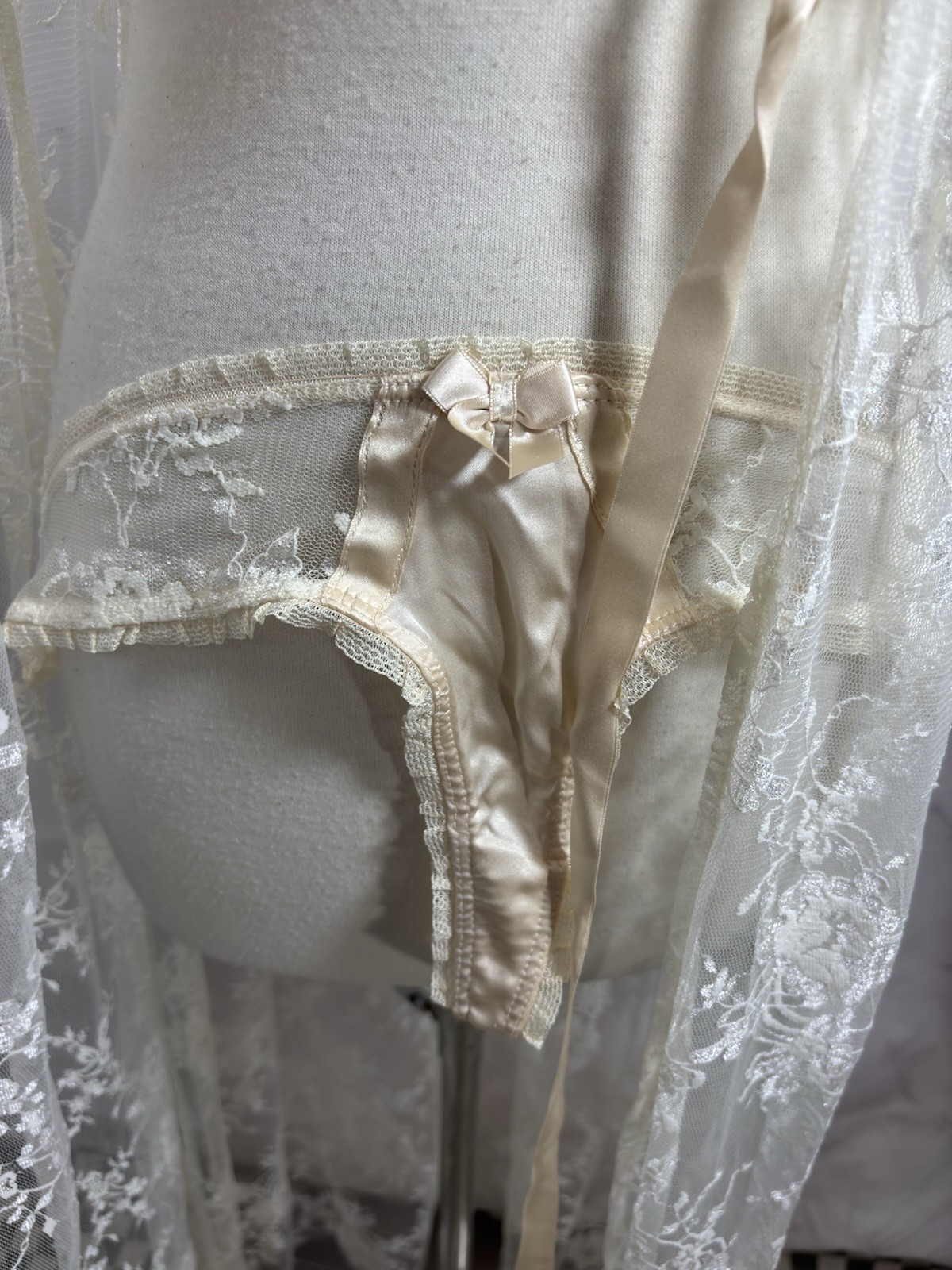 Vtg 90s CLAIRE PETTIBONE Babydoll Sheer Lace Silk Nightgown Robe Dress S Bride