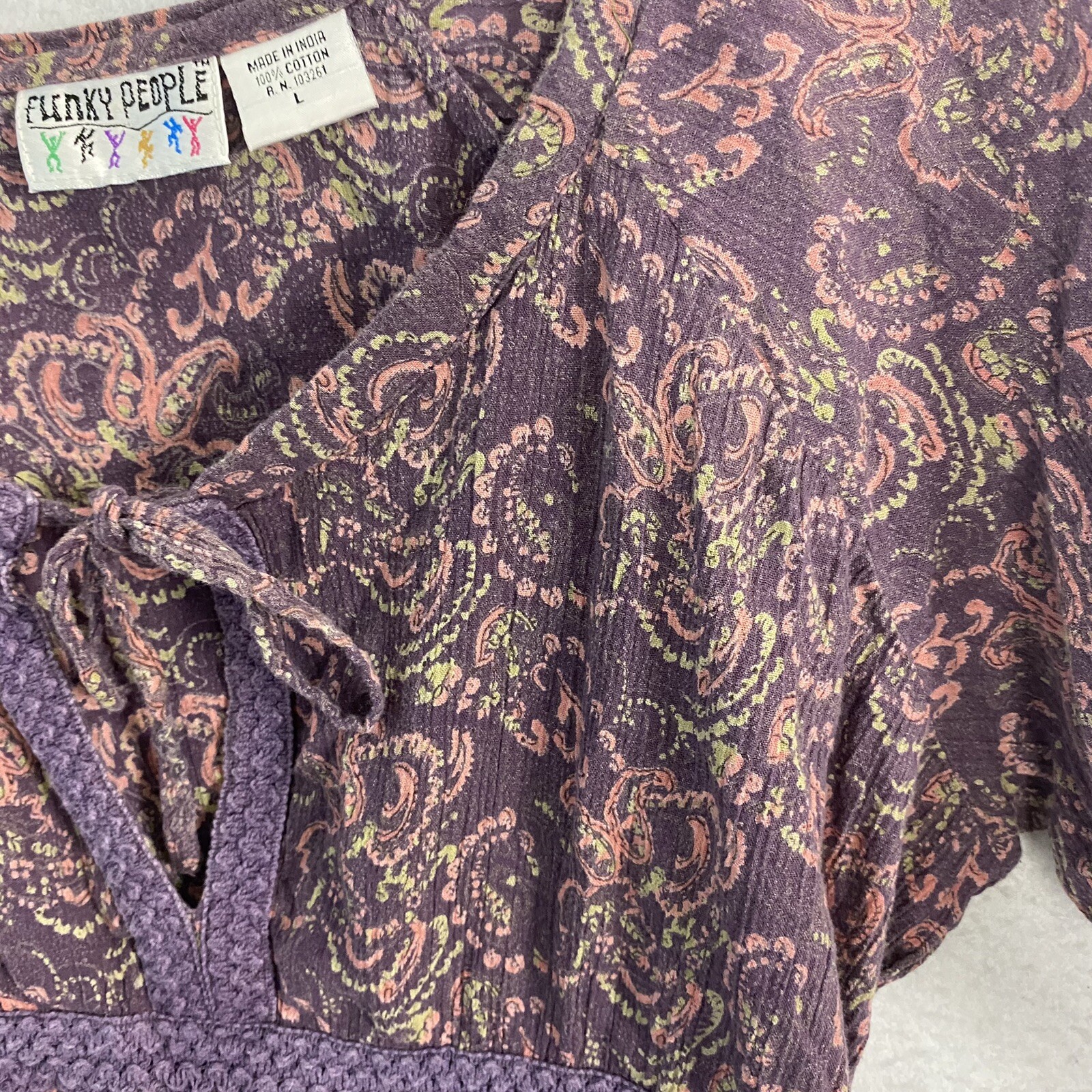 VTG Boho Peasant Balloon Sleeve Gauze Top L Purple Paisley 90s Blouse