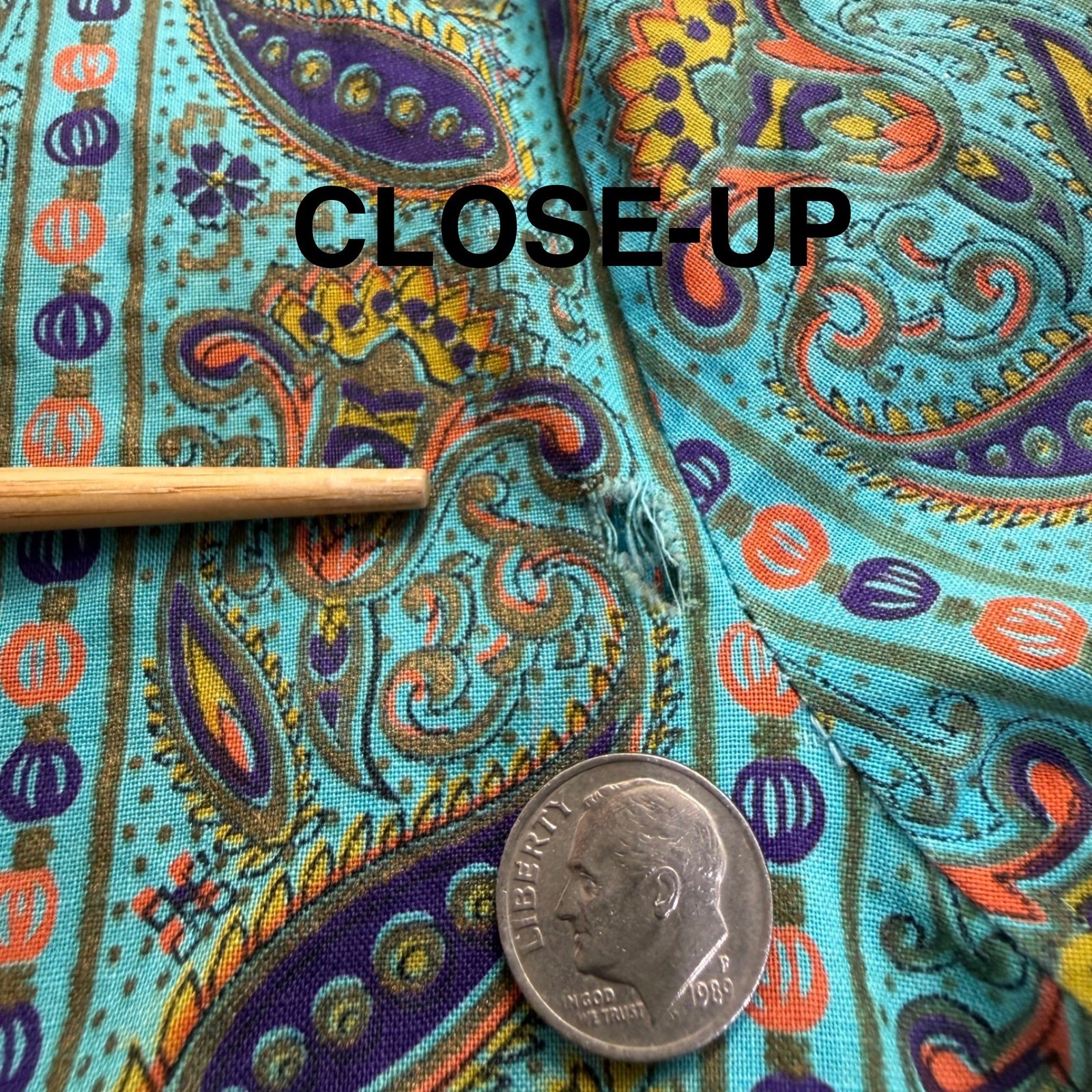 50s 60s Crop Top Teal Paisley 3/4 Sleeve Tie Hem Sz 32 DISTRESSED AS IS