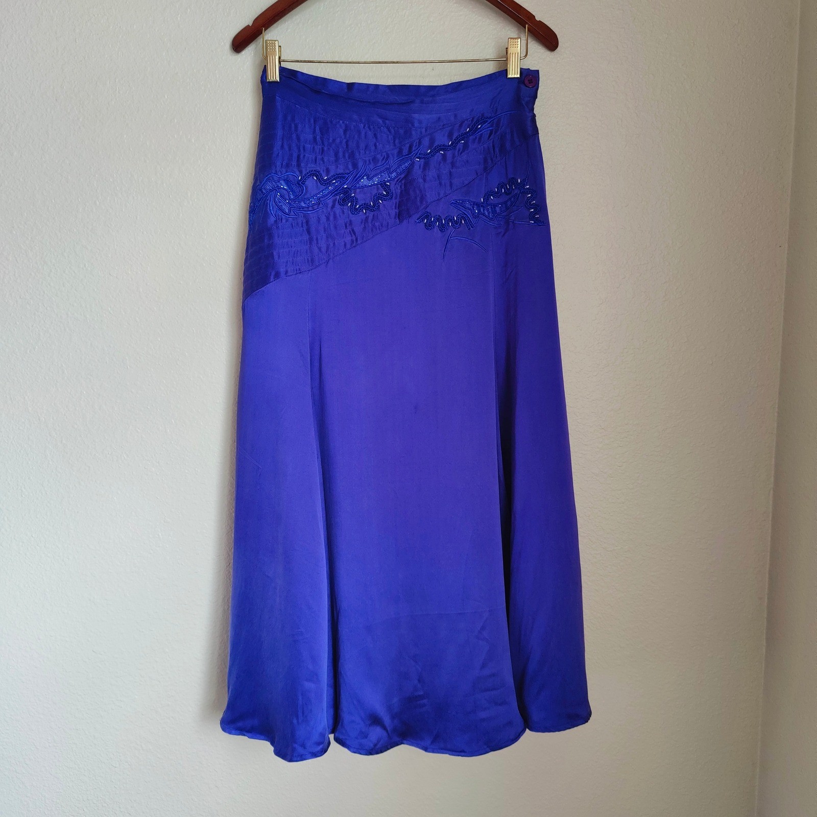 Vintage 80s EREZ 100% Silk Satin Royal Purple Beaded Soutache Midi Skirt 10