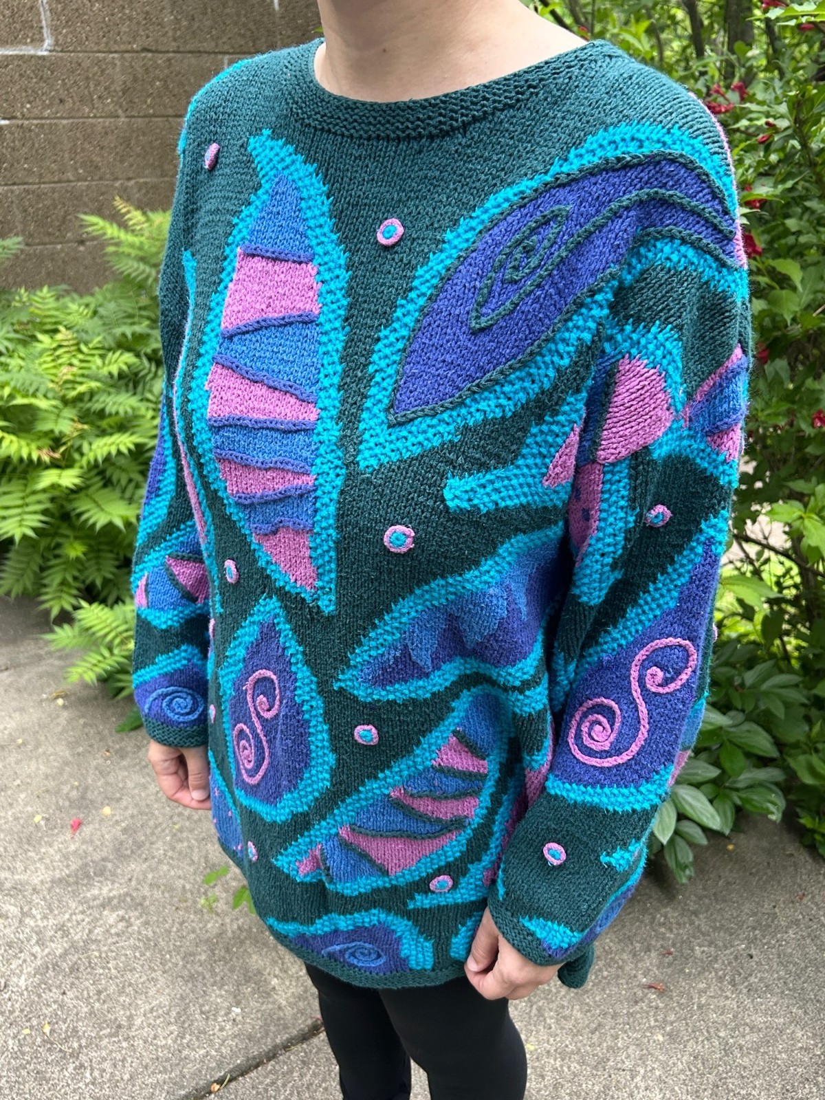 90s Segrets Sun Prints Handknit Sweater Abstract Leaf Pattern Drop Shoulder Sz M