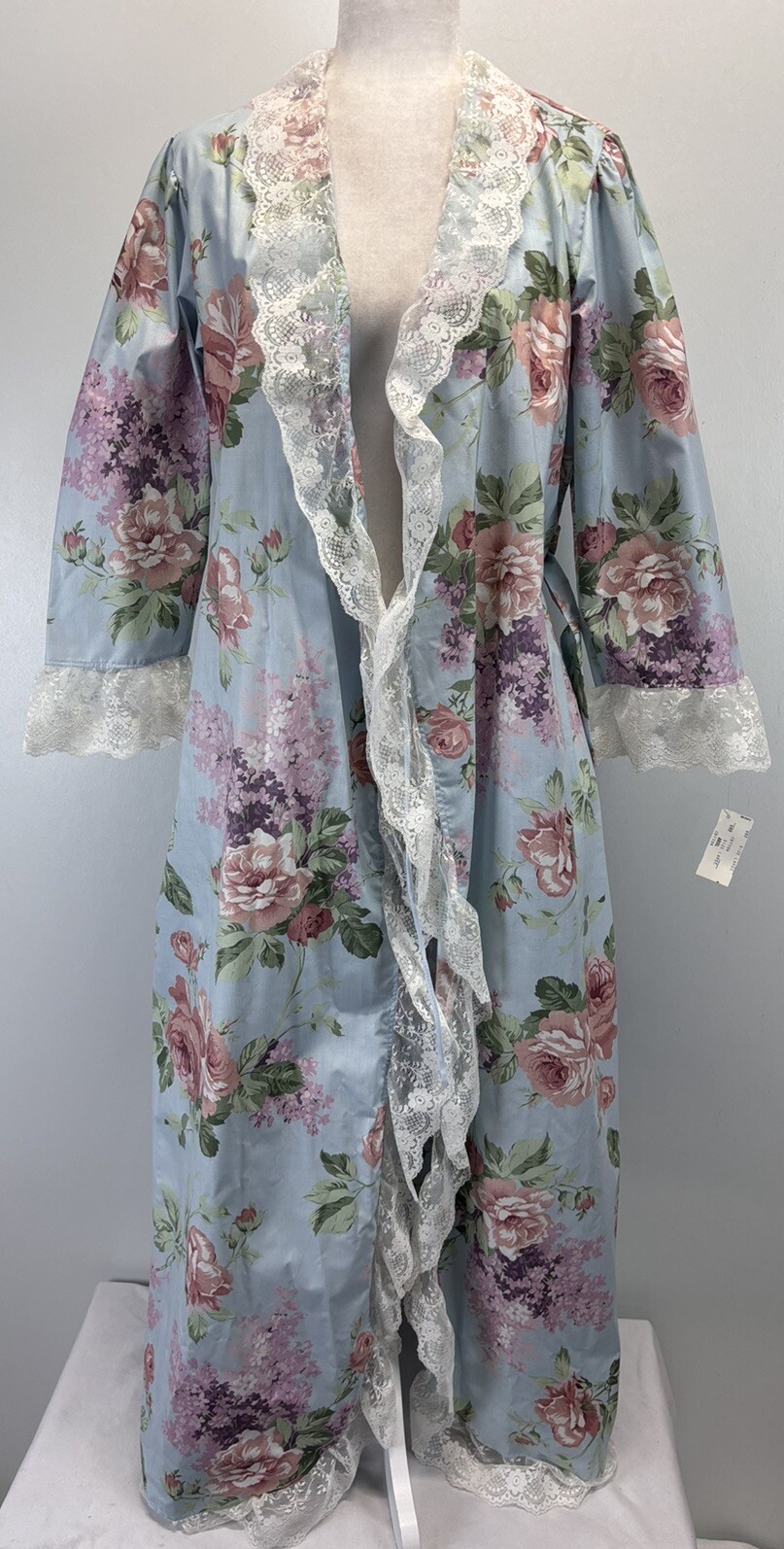 NEW! Vtg Joie De Vie Ariel Floral Cotton Robe Large Lace Trim Cottage Core Long