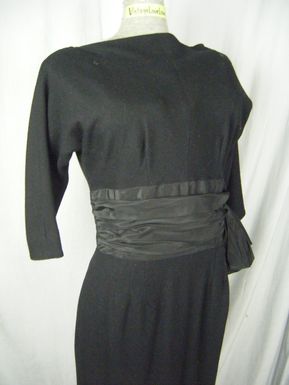 TAILORED JUNIORS Vtg 60s Black Woven Crepe Gathered Bow Dress-Bust 36/XS