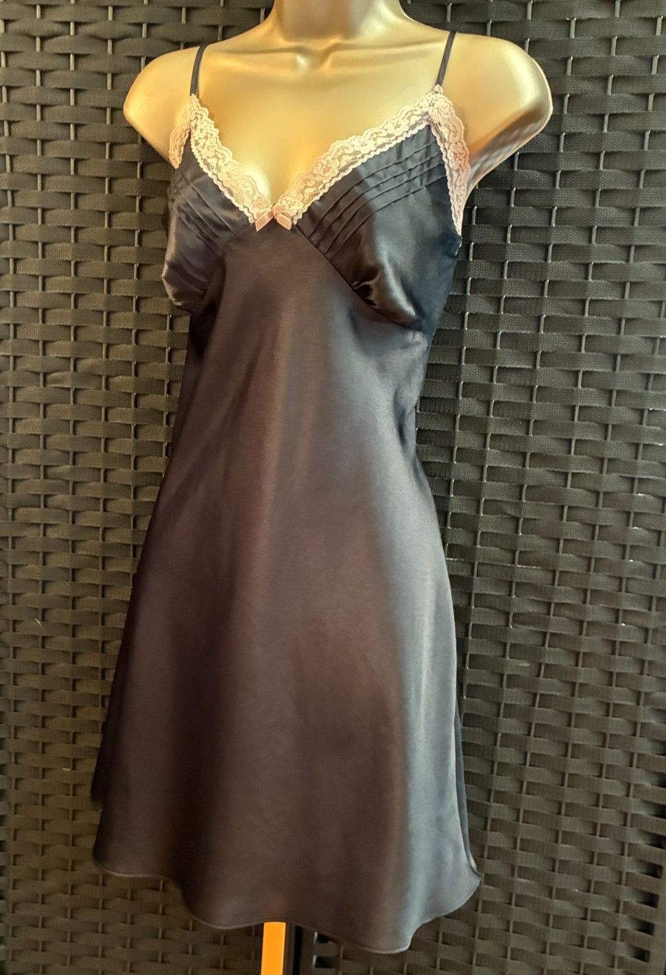 Vintage FRENCH MAID SLIP Gown Medium Black Liquid Satin Lace California Dynasty