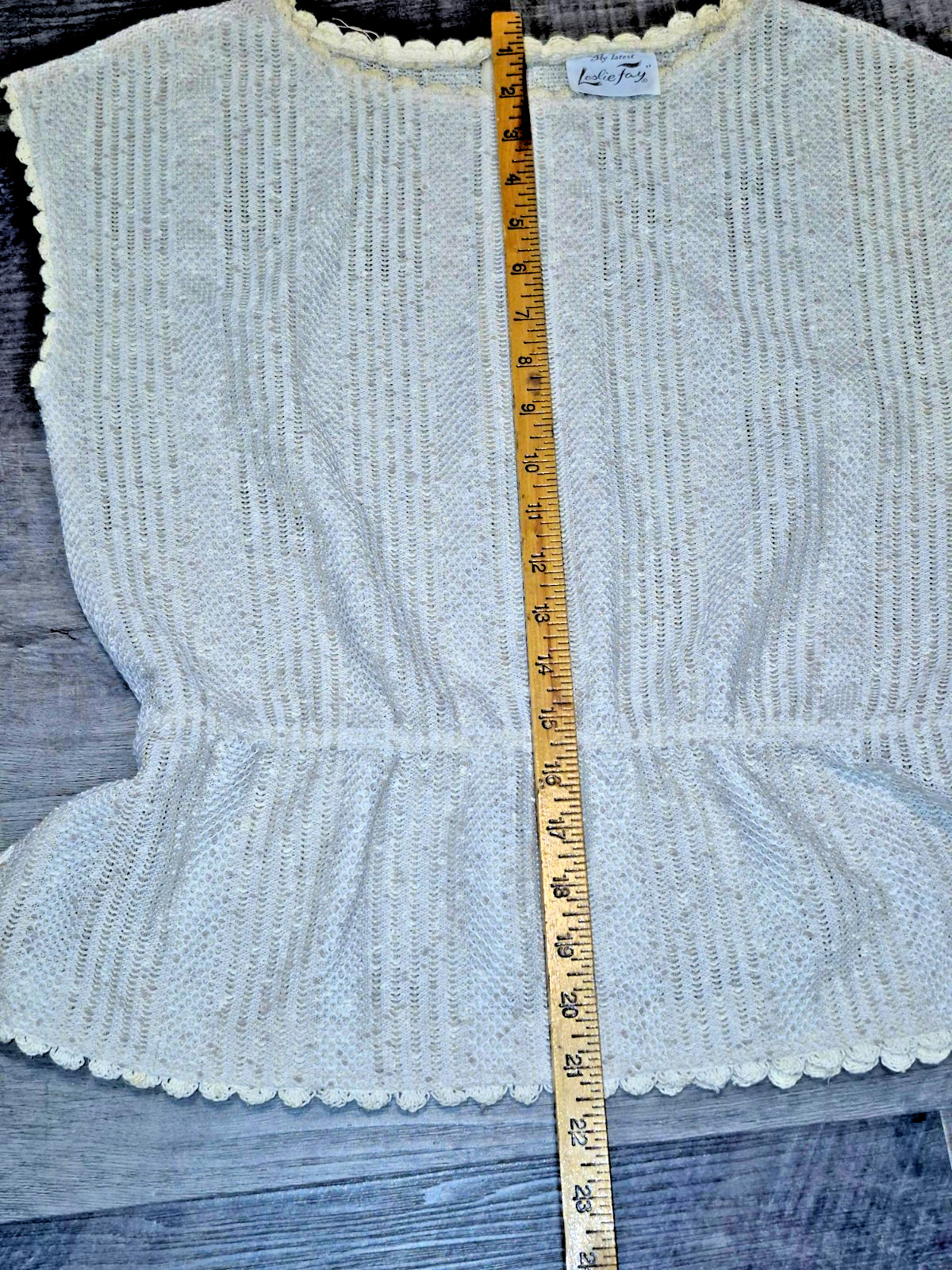 Vintage Leslie Fay My Latest 2-Piece Knit Set Cream Peplum Top Skirt 70s Boho