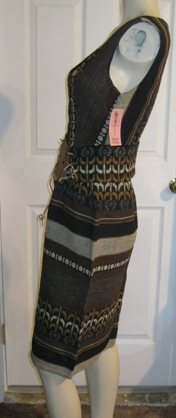 Vintage S Howard Hirsh California Woven Wool Tapestry Dress Leather Belt