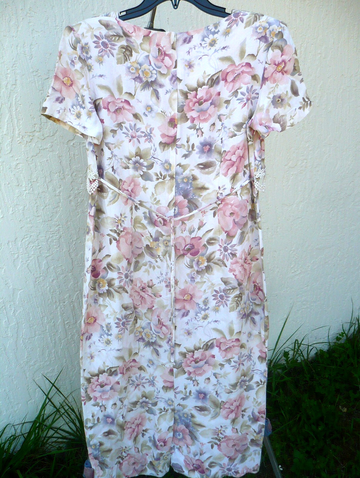 VTG 80S S M SARAH RICHARDS SRING EASTER PINK FLORAL LACE IVORY DRESS PASTEL TIES