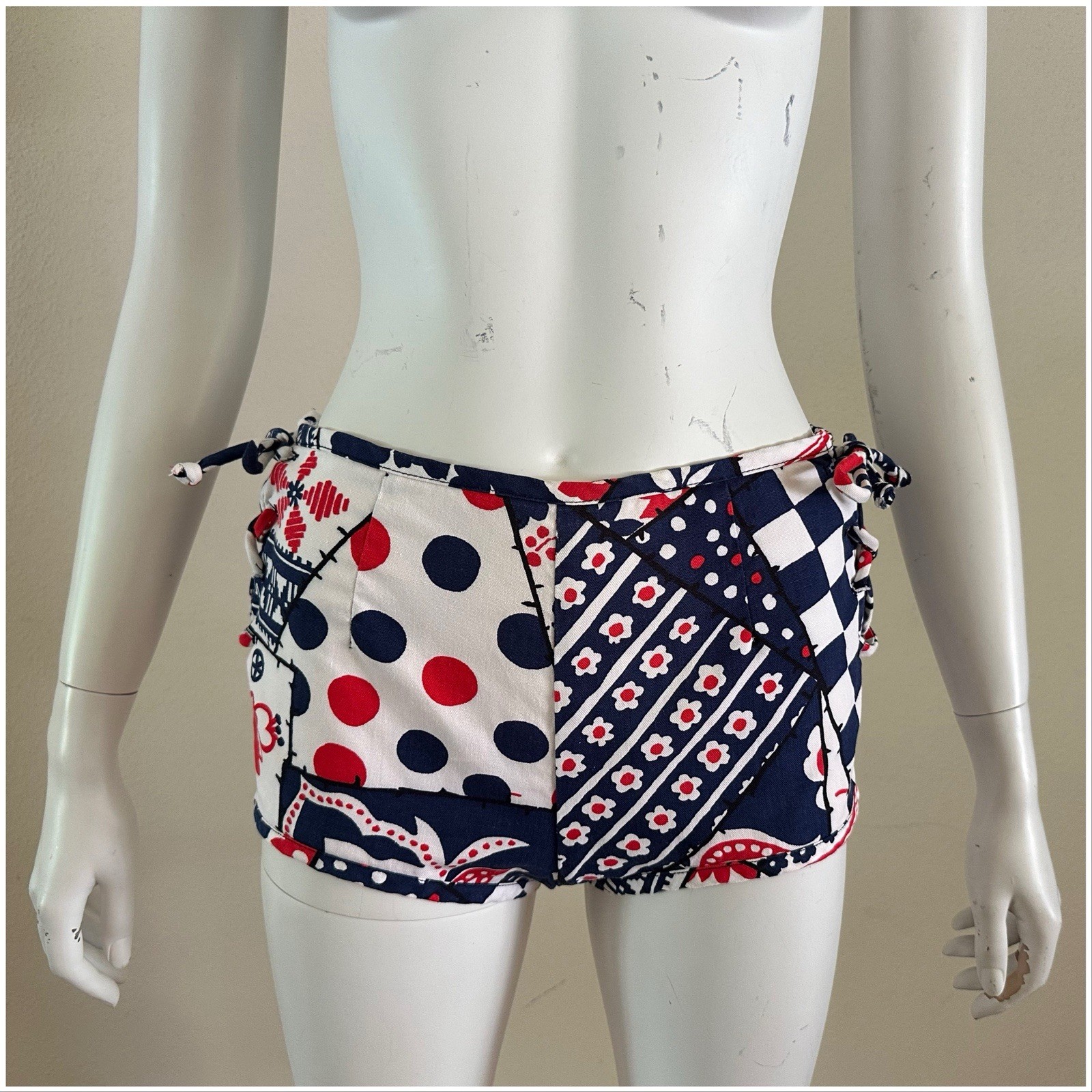 1960s Patchwork Print Lace Up Swim Bottoms Hot Pants Mod Floral Polka Dot S VTG