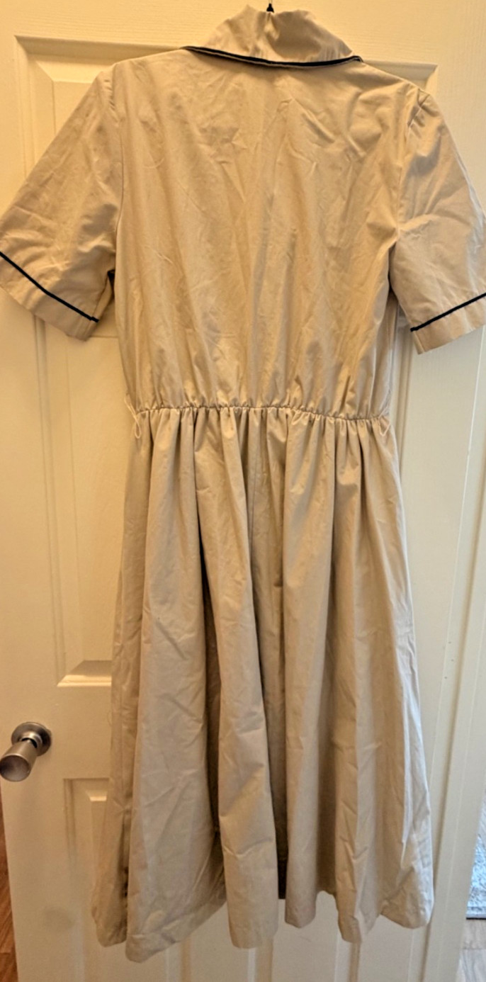 Vintage 80s 90s Preppy Shirt Dress Womens 12 Beige Fit Flare Full Skirt Academia