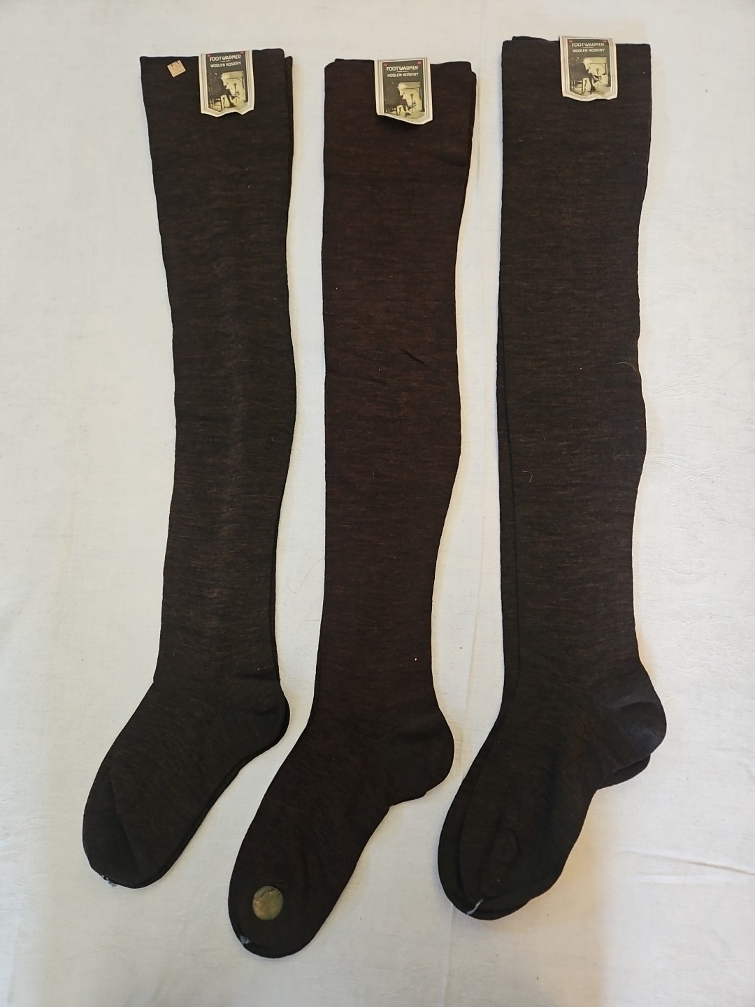 3 Pairs 1920s NOS Vintage Hosiery Stockings Cotton Wool Thigh High Brown