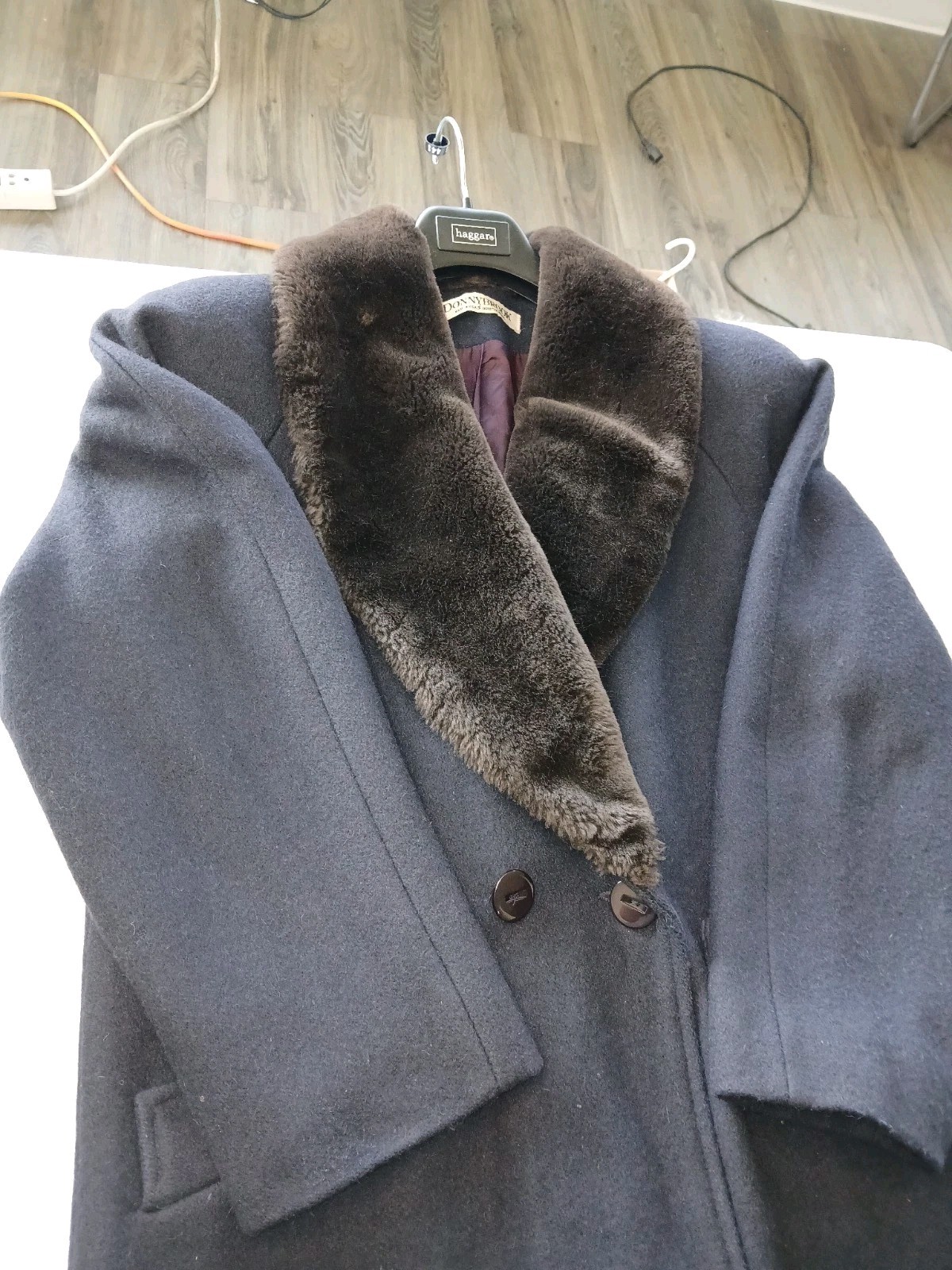 Vintage Women’s Dark Blue Wool Coat W Brown Faux Fur Collar Made In Usa, Size 6