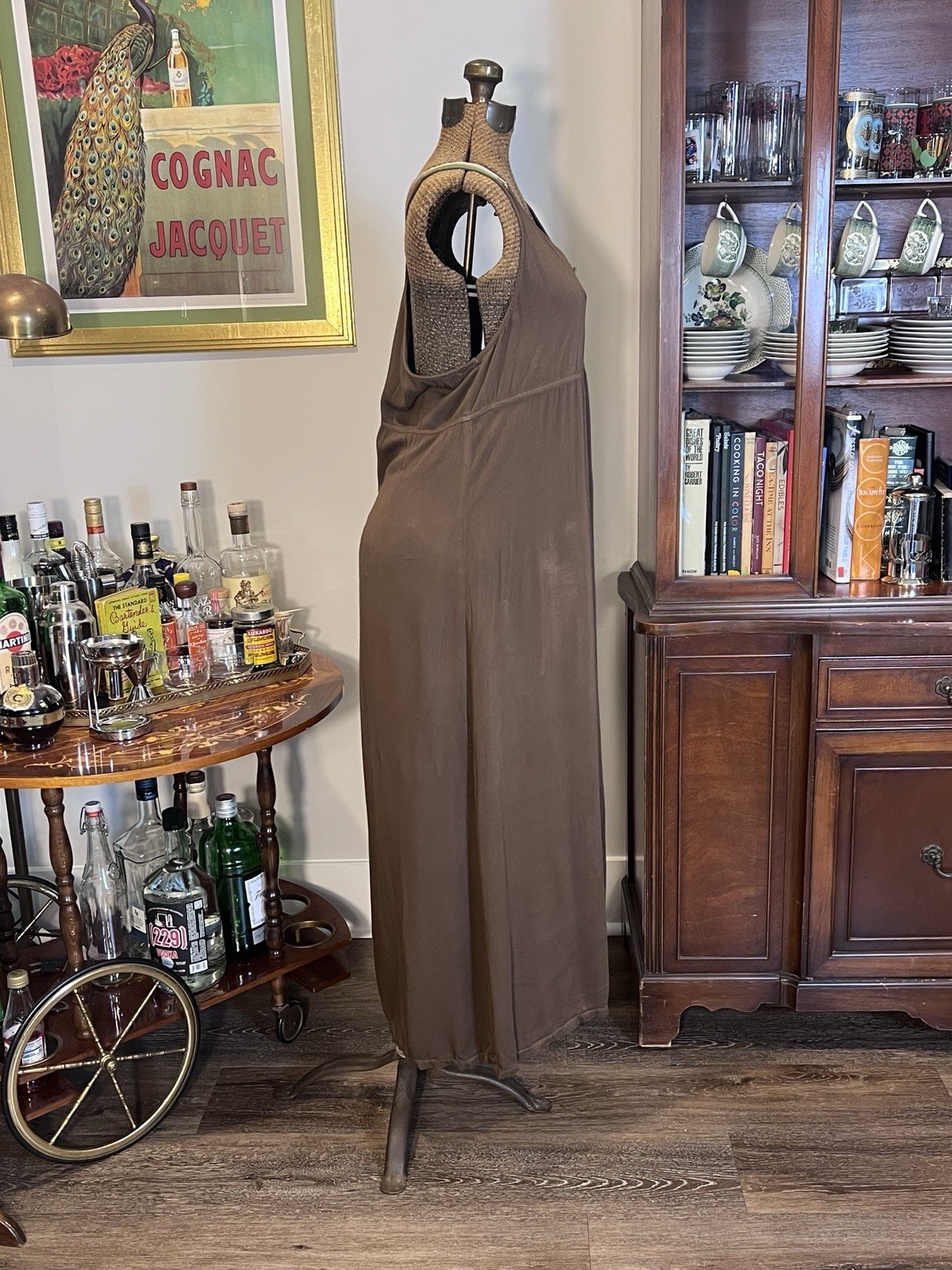 Vintage 80s CDC Wear Brown Floral Criss-Cross Back Maxi Jumper Dress