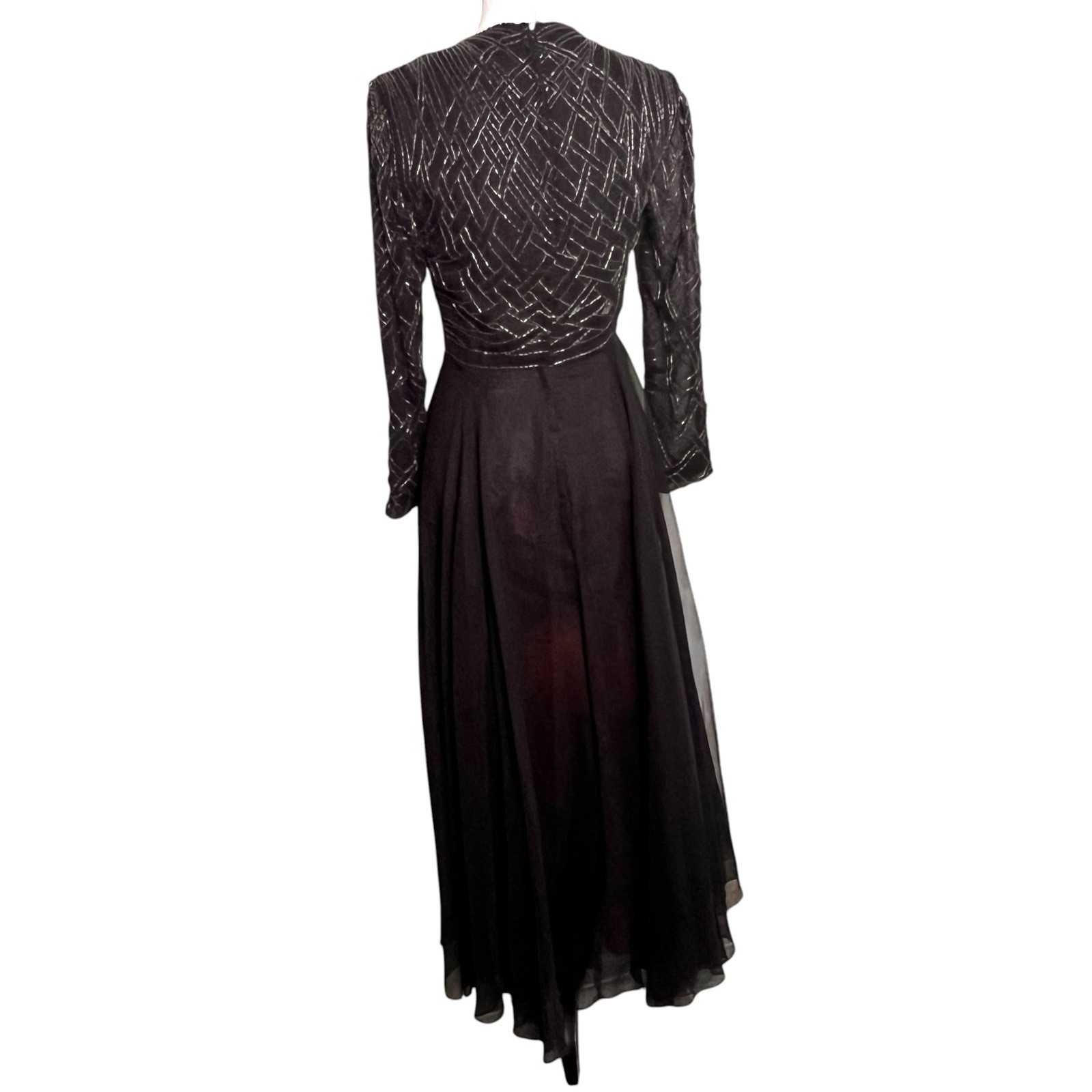 VTG 80s Jack Bryan Black Beaded Chiffon Evening Gown Art Deco Maxi Dress Small