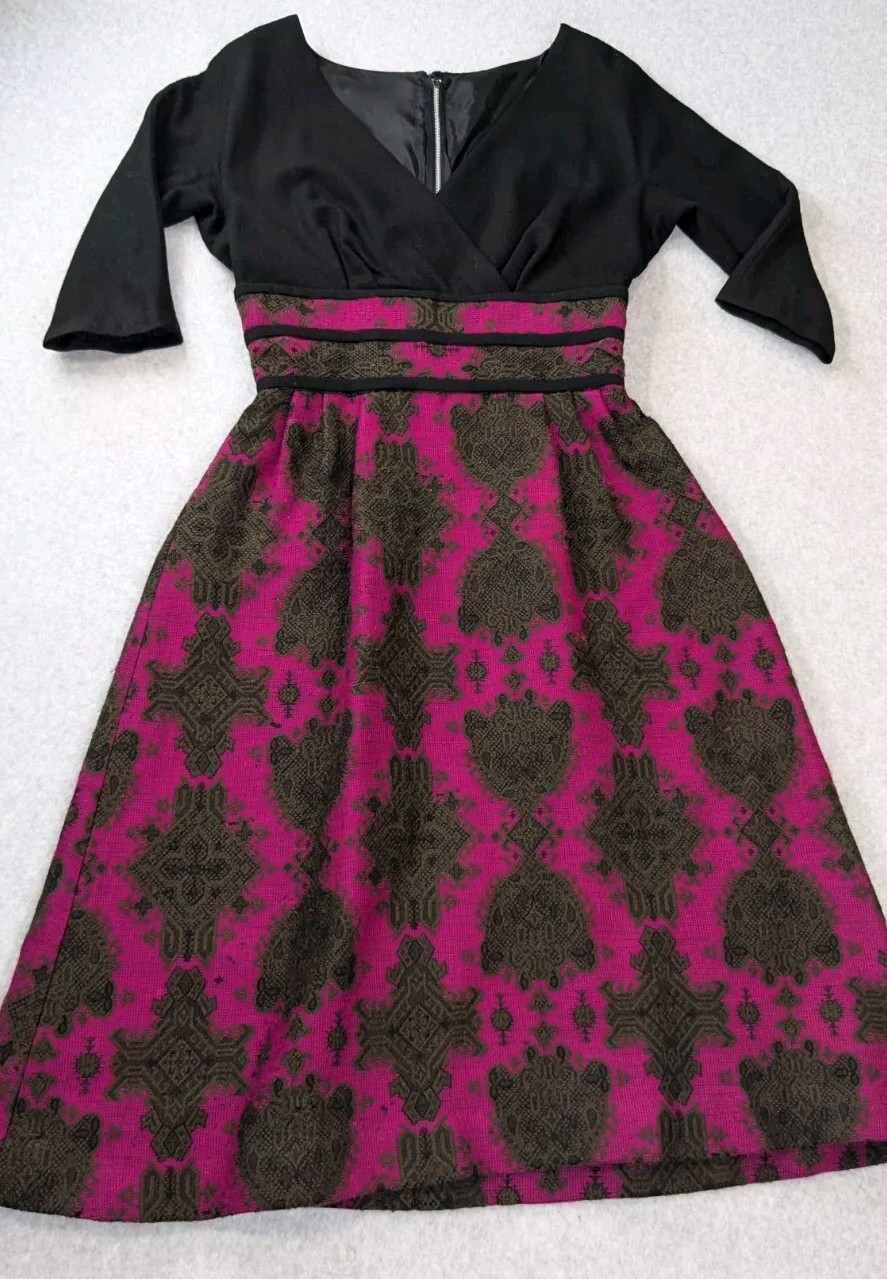 Miss Elliete Vintage Dress Fit and Flare 60s Black Pink Surplice Neckline Flaw