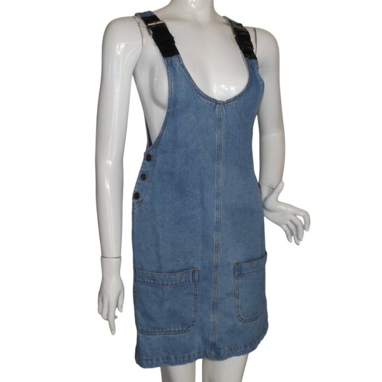 SPEED CONTROL Denim Jumper/Skirt-all, S, Shoulder buckles, Pockets, Vinyl straps
