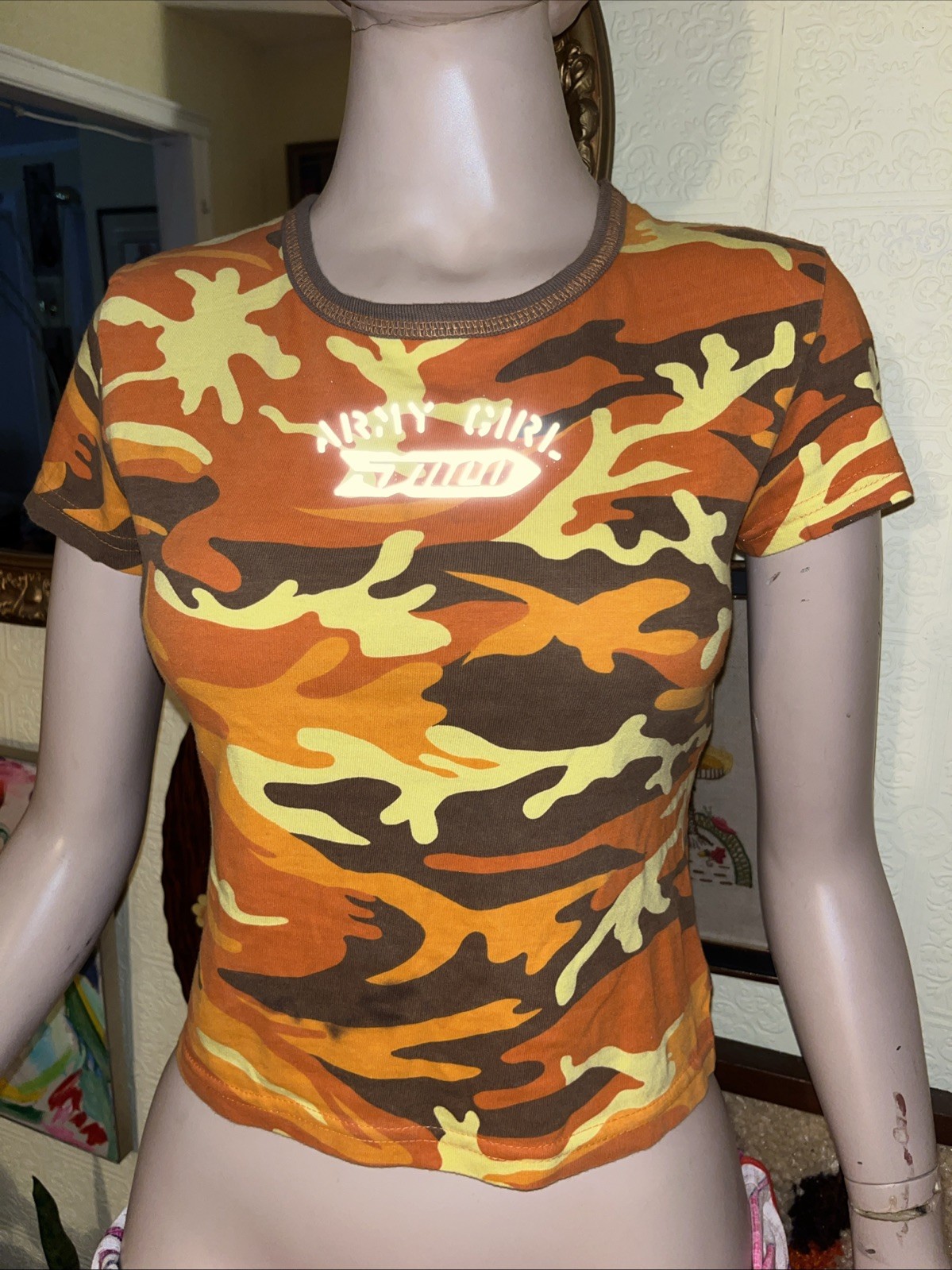 Vintage 90s Army Girl Jnco Baby Tee Shirt Top Orange Yellow Brown Camo USA Y2K