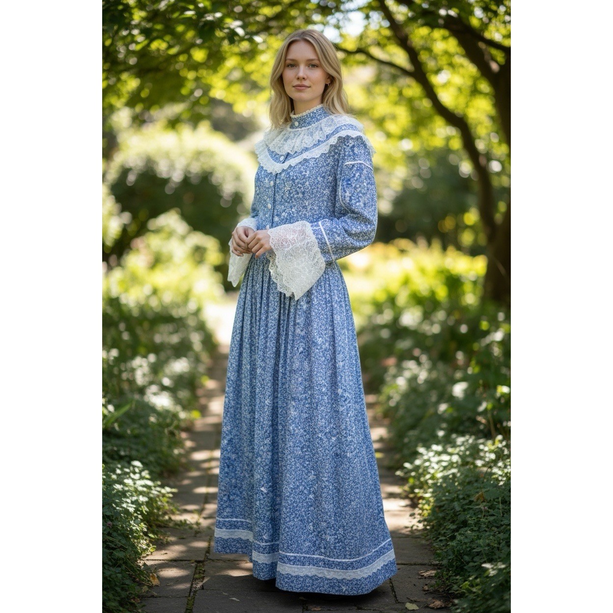 Prairie Style Maxi Dress Women’s L Blue Floral Lace Romantic Victorian Revival