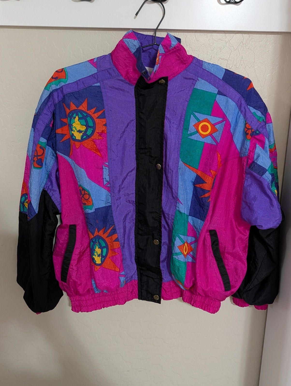 Vintage Rainbow West Iridescent Nylon Bomber Jacket Abstract Print 80s Large
