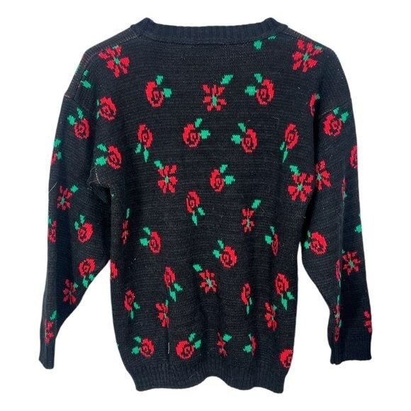 VTG G.F.C Ltd Black w/ metallic Red & Green Floral Acrylic Pullover Sweater