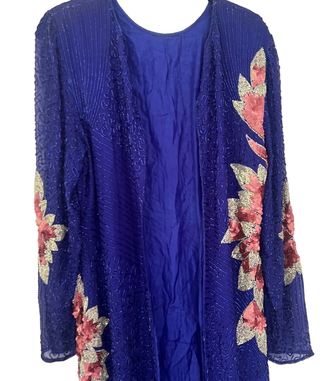 Vintage 80s Cobalt Blue Pink Silk Beaded Floral Maxi Duster Jacket Sequin