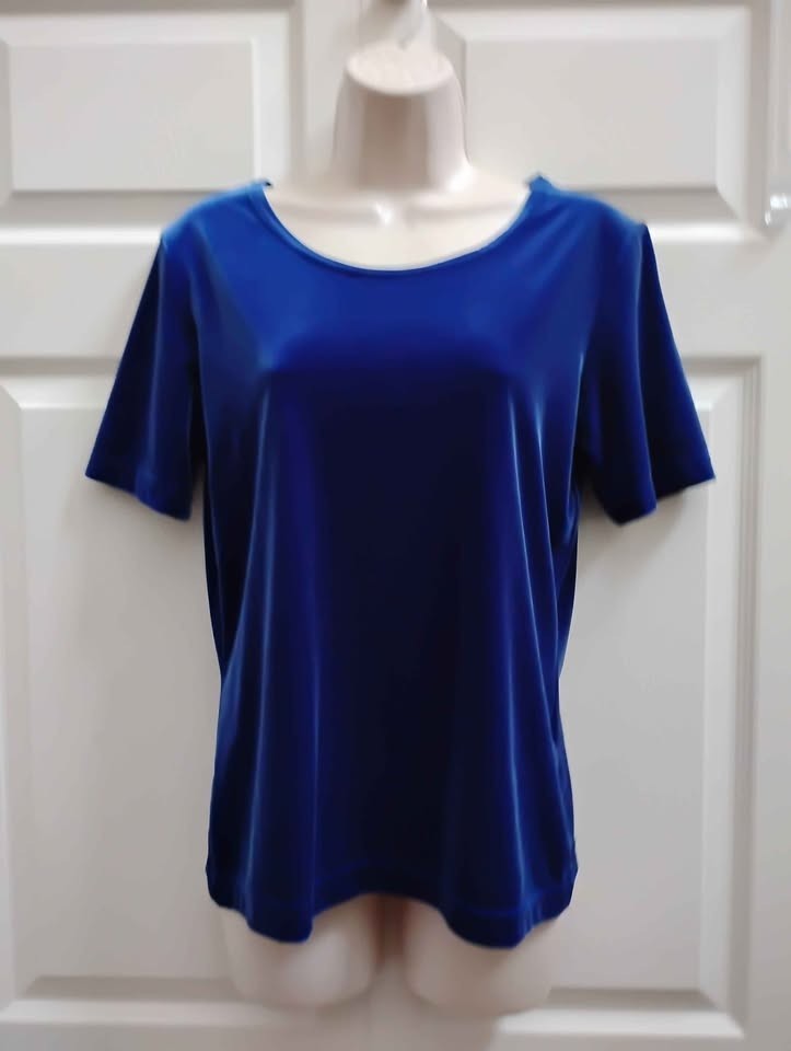 GANTOS Women’s Medium Blue Velvet Top Short Sleeves Round Neck Vintage New