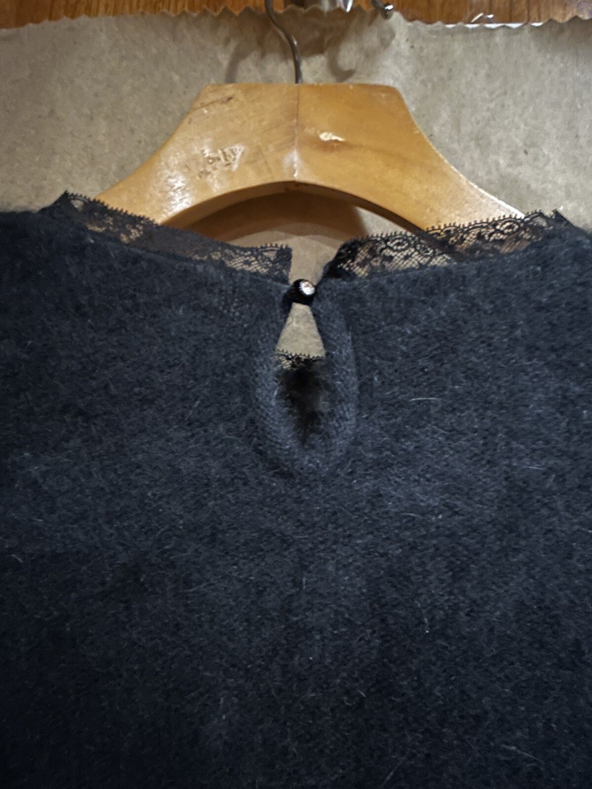Vintage Black Sweater Size M Italy For Bullock’s Angora/ Wool Polka Dot Sleeves