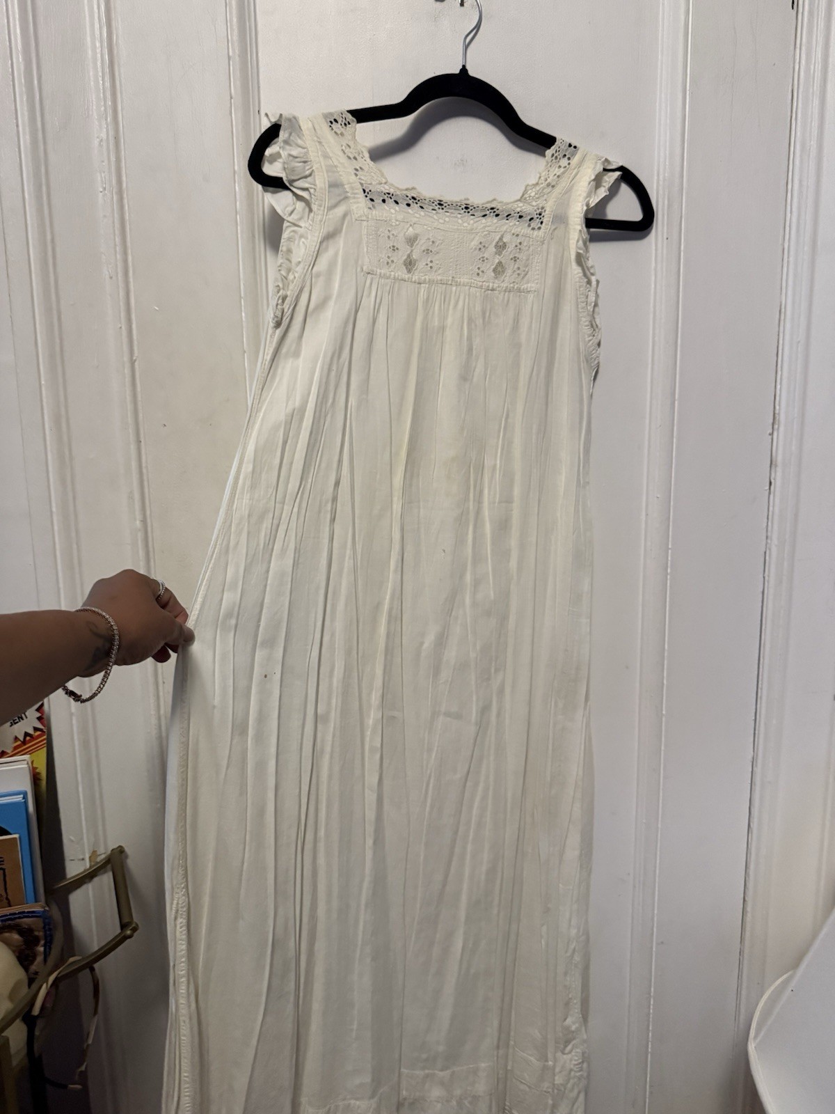 Antique 1910s Edwardian White Cotton Chemise Nightshirt Floral Embroidery Eyelet