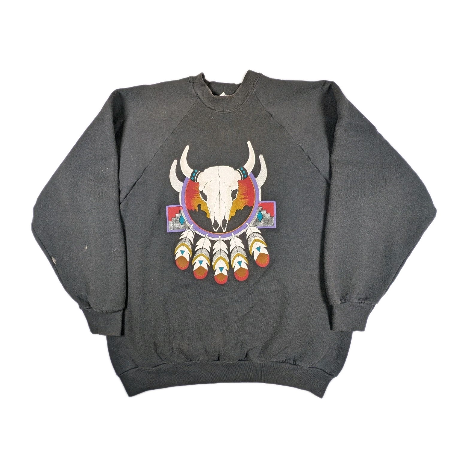 Vtg 80s 90s Sweatshirt Native American DreamCatcher Bull Skull Southwestern Usa