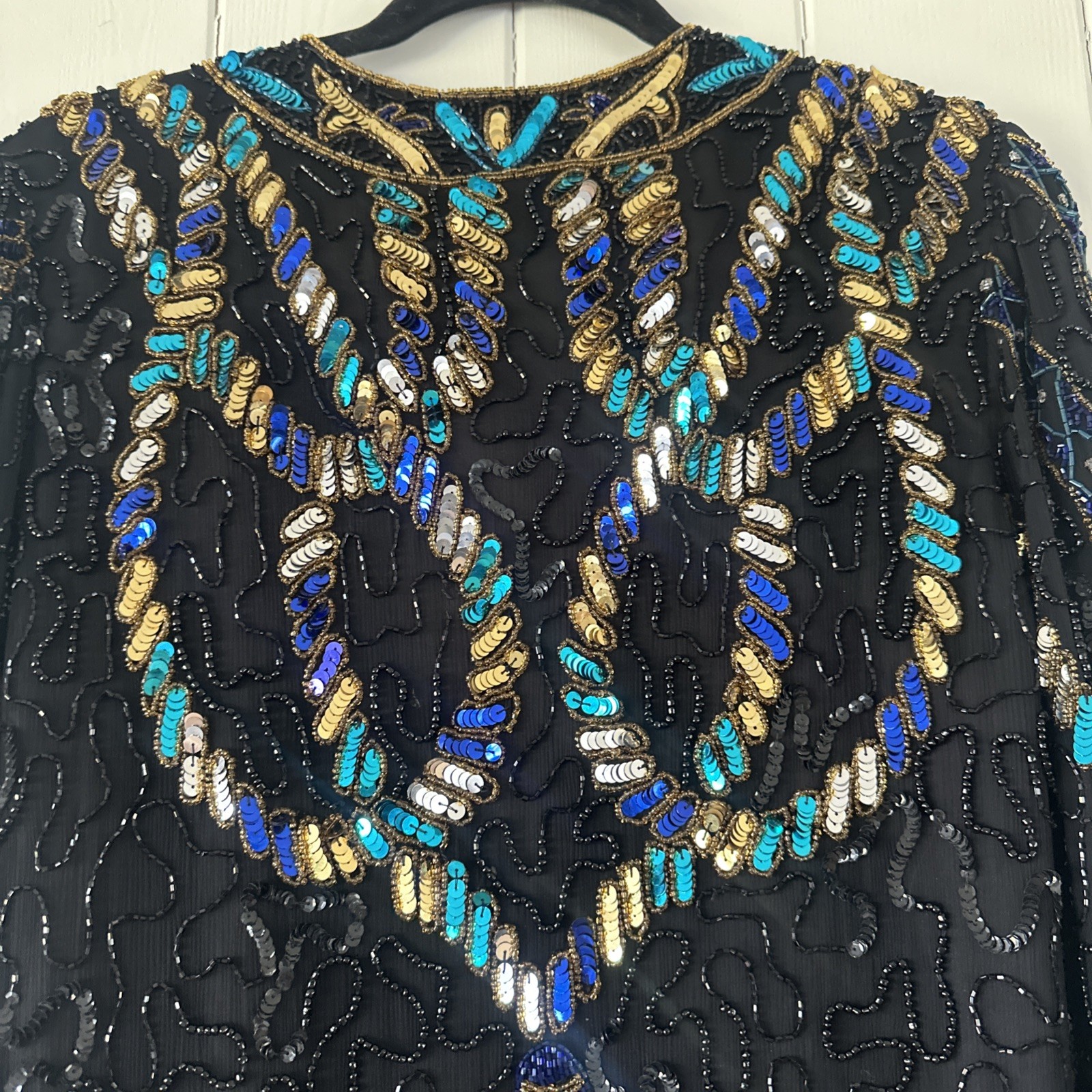 LAURENCE KAZAR Jacket 💯 Silk Lined Beaded Sequins Black Gold Large Clean