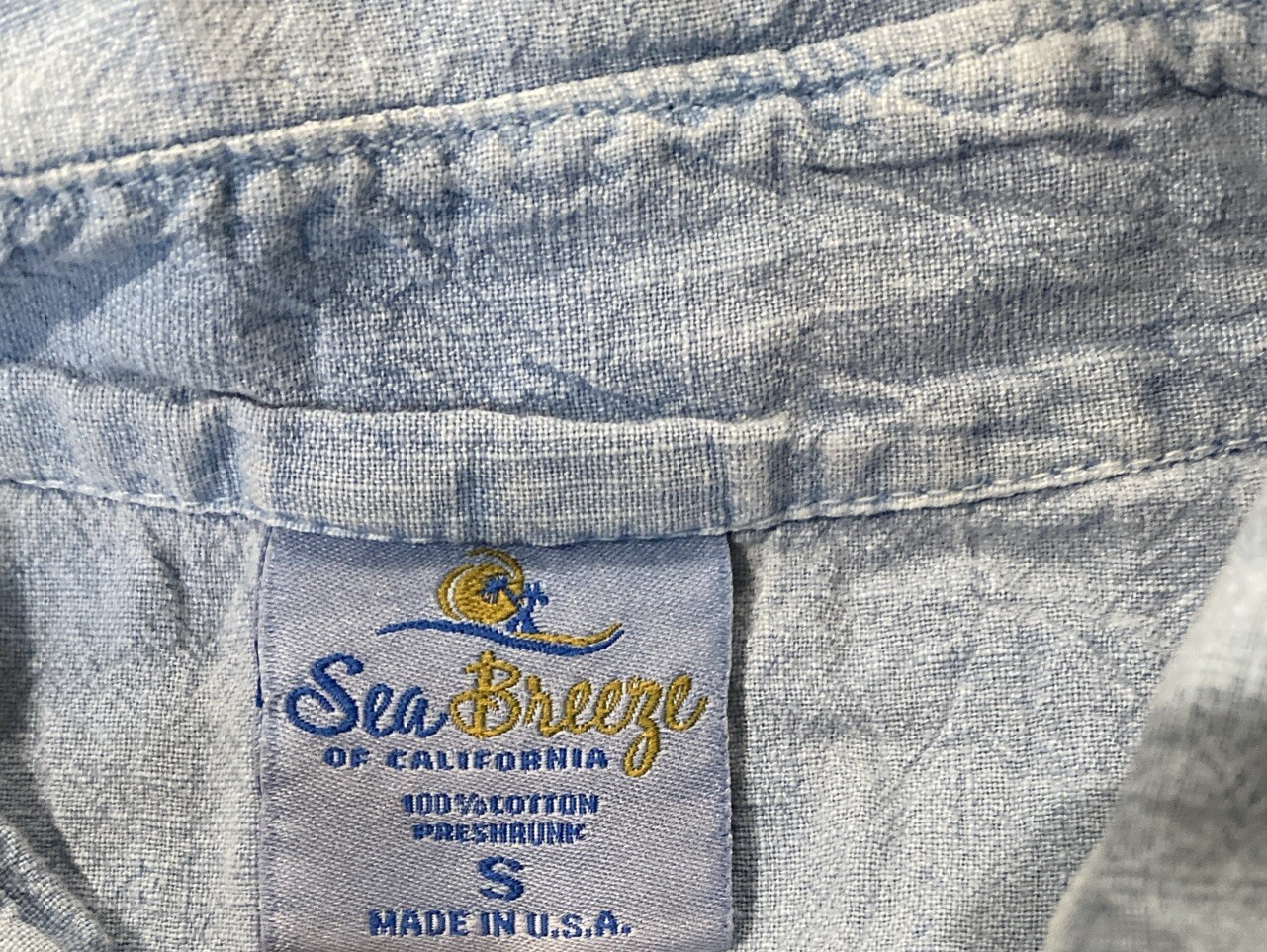 Vtg! Sea Breeze of California Denim Shirt Size S Textured PRESHRUNK Hi-Low Hem