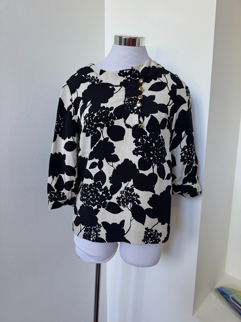Vintage Floral Blouse Phillip Lim 3.1 Blouse Top Black and Cream Flowers Leafs