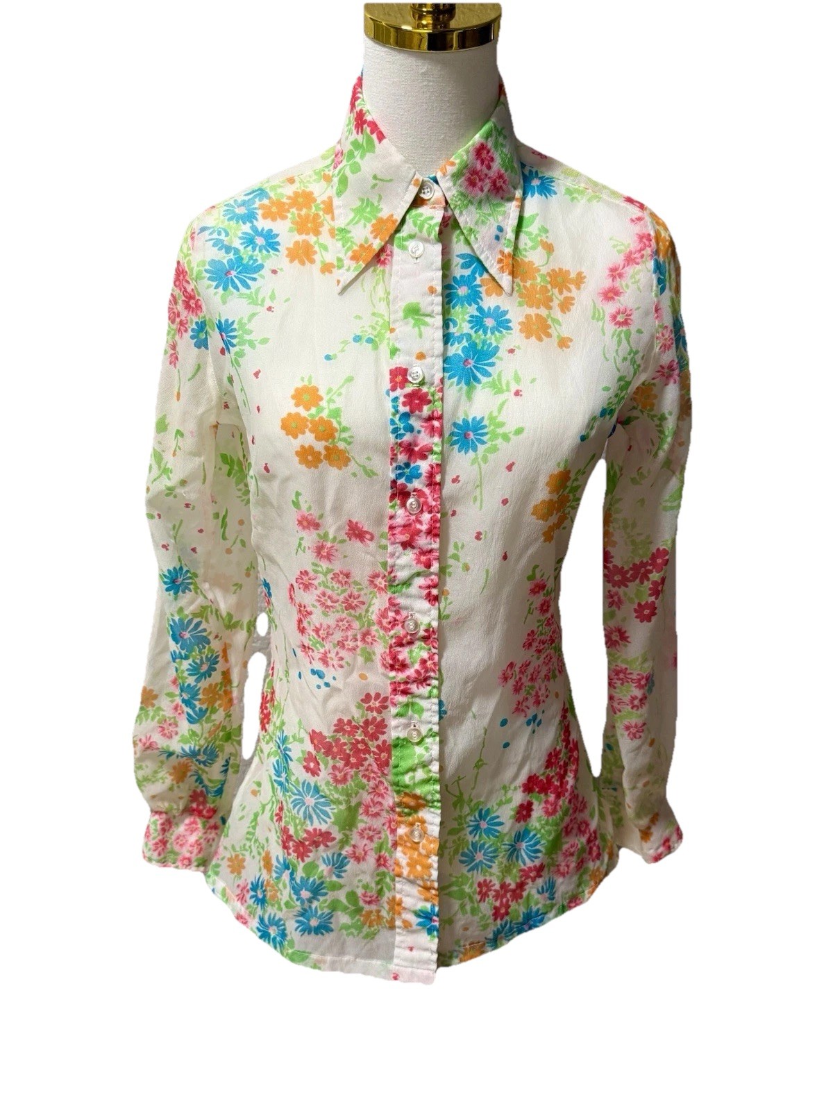 Women’s Judy bond Vintage 70s Sheer Floral Blouse Psychedelic Dagger Collar XS