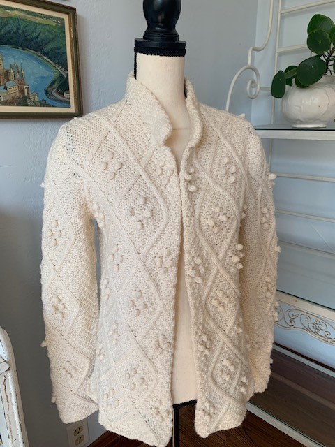 Vtg 60s Handmade Ivory Wool Cardigan Sweater Original Fisherman Pattern Med M S