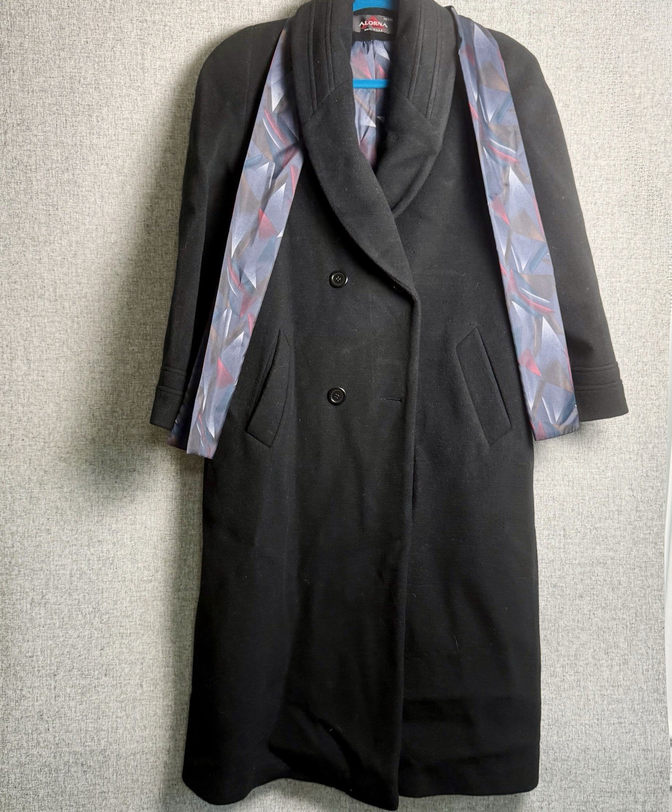 Vintage Alorna Wool Double Breasted Long Black OverCoat Coat MEDIUM/LARGE P