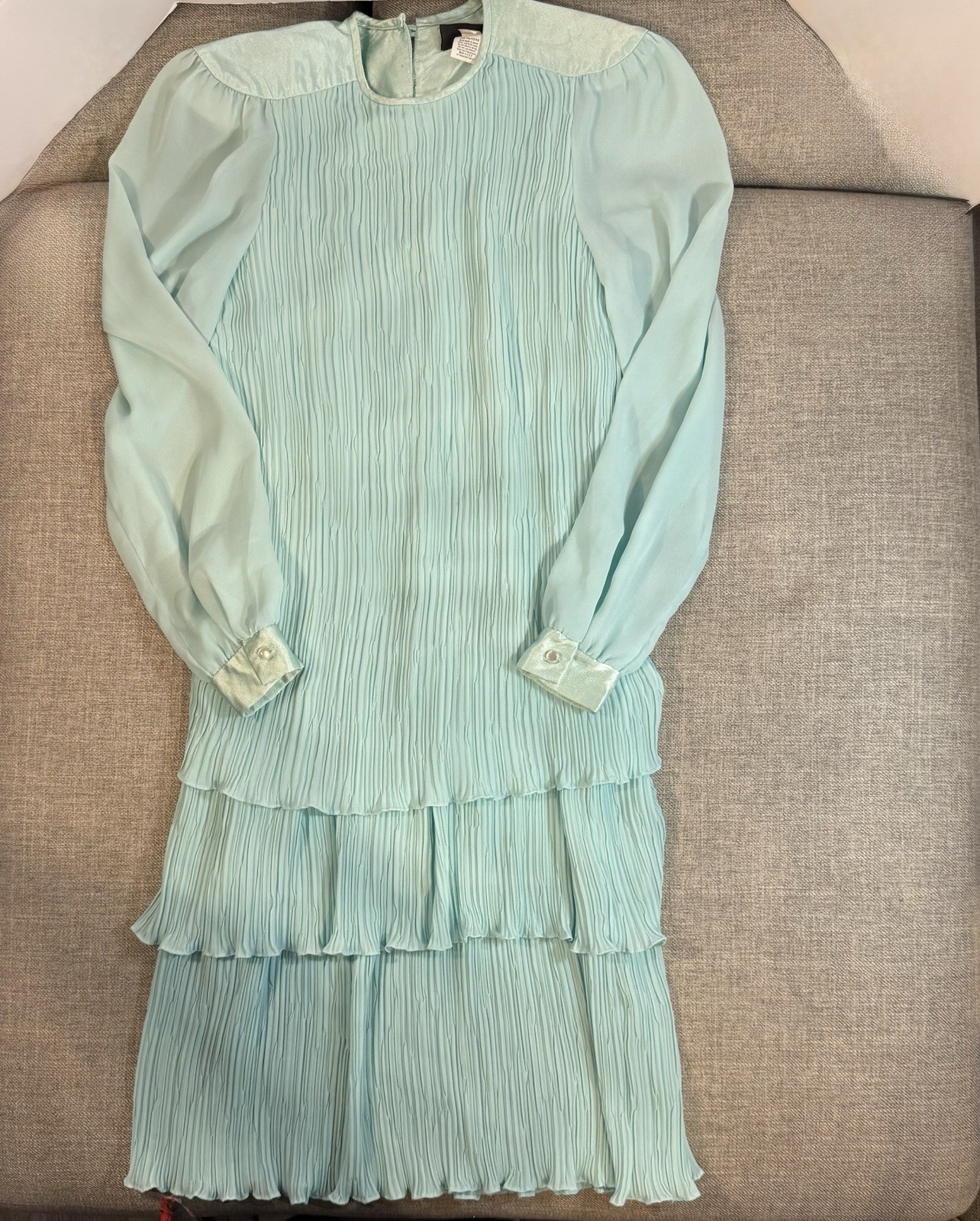 Vintage 70s Seafoam Green Sheer Tiered Prairie Boho Midi Dress Romantic Sz8