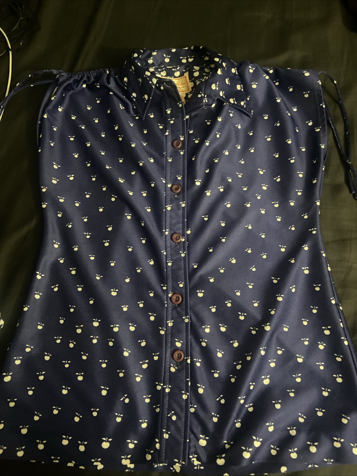 Vtg 70s Marie Shalom NY 3pc Set Apple Print Navy Top & Skirt 10 Geek Rockabilly