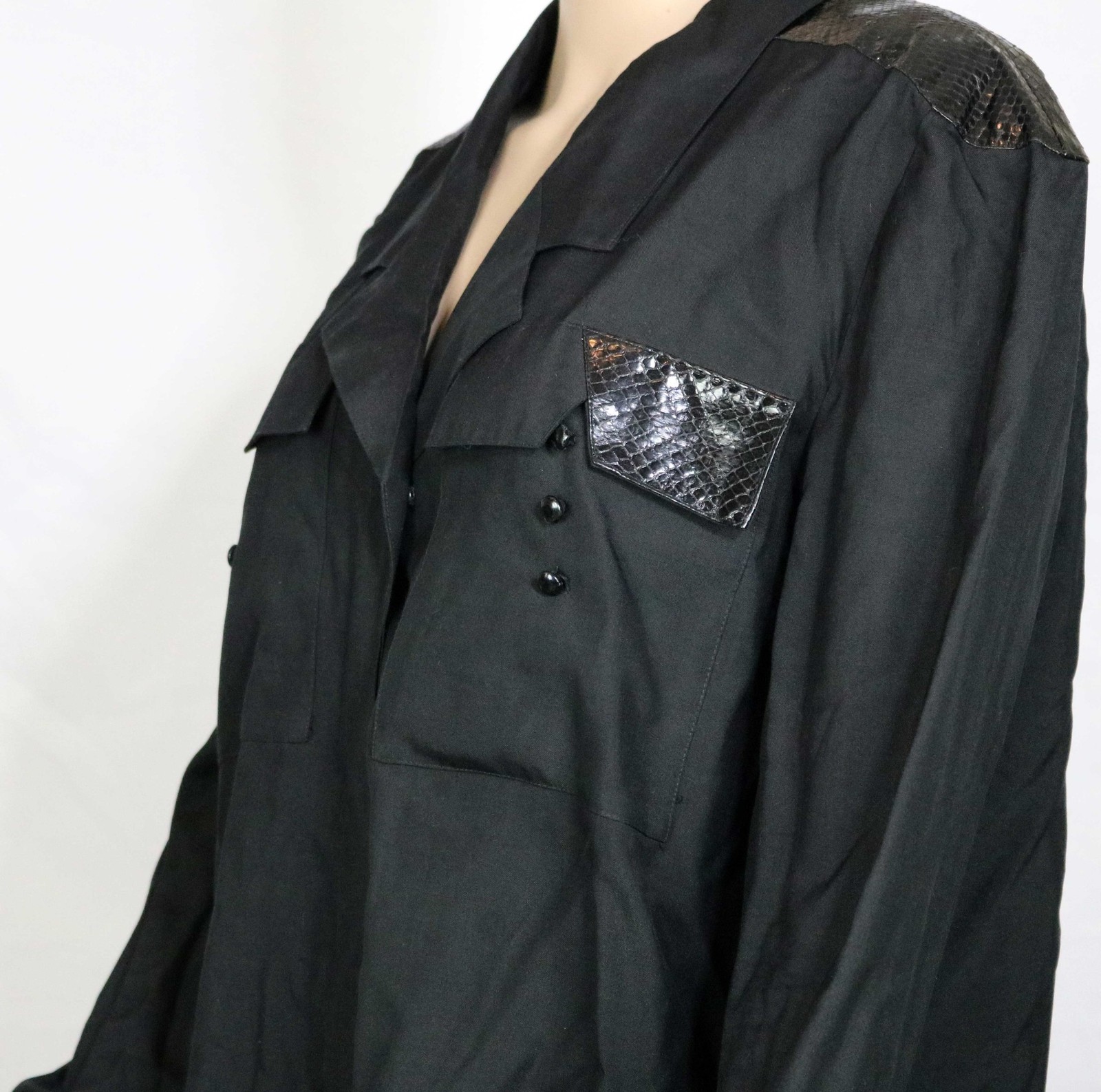 80s Vintage Shirt Blouse Top Black Silk Wool Real Snakeskin Francesca Damon M/L