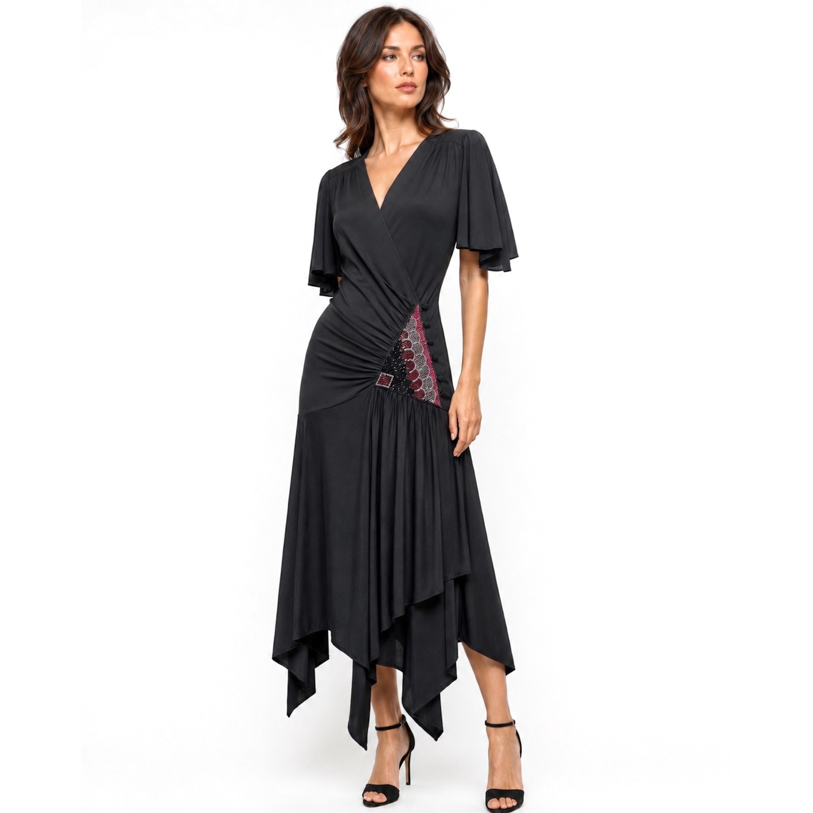 Vintage Vijack Black Beaded Wrap Dress | Nancy Bracoloni 70s 80s Scarf Hem | S