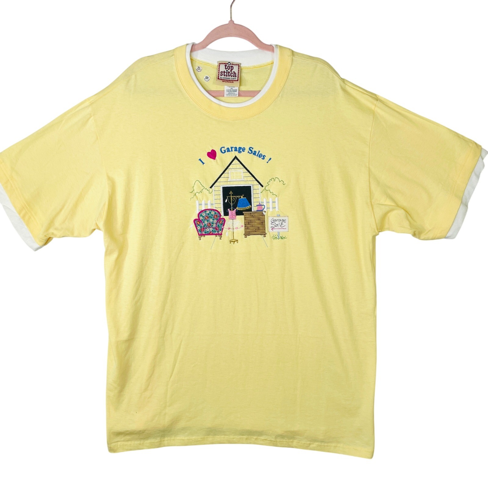 Top Stitch Morning Sun Vintage I Heart Garage Sales T-Shirt Yellow 2XL USA Made