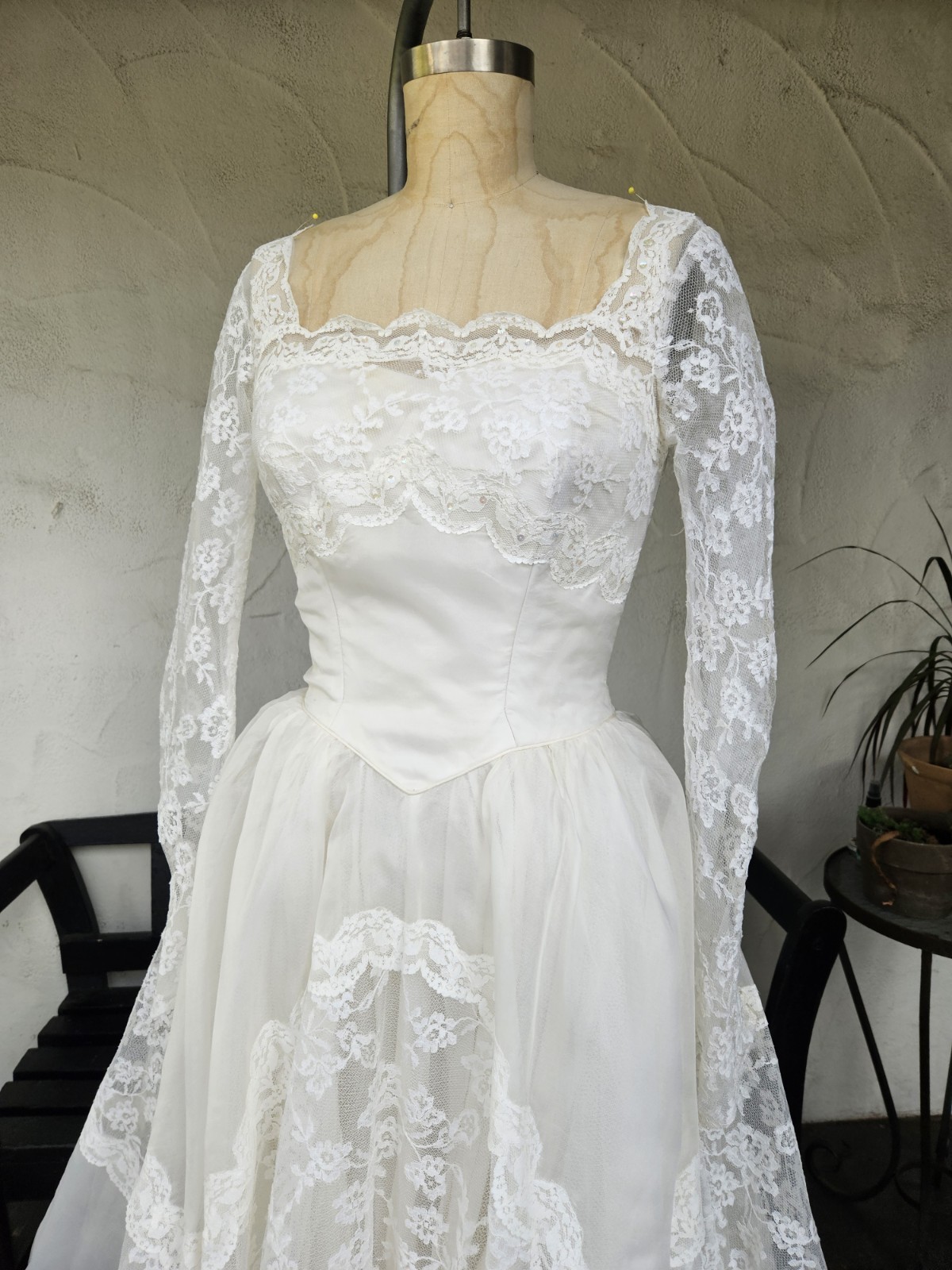 Vintage 1950s Silk Wedding Dress Cinderella Ballgown Lace Sleeves Basque Waist M