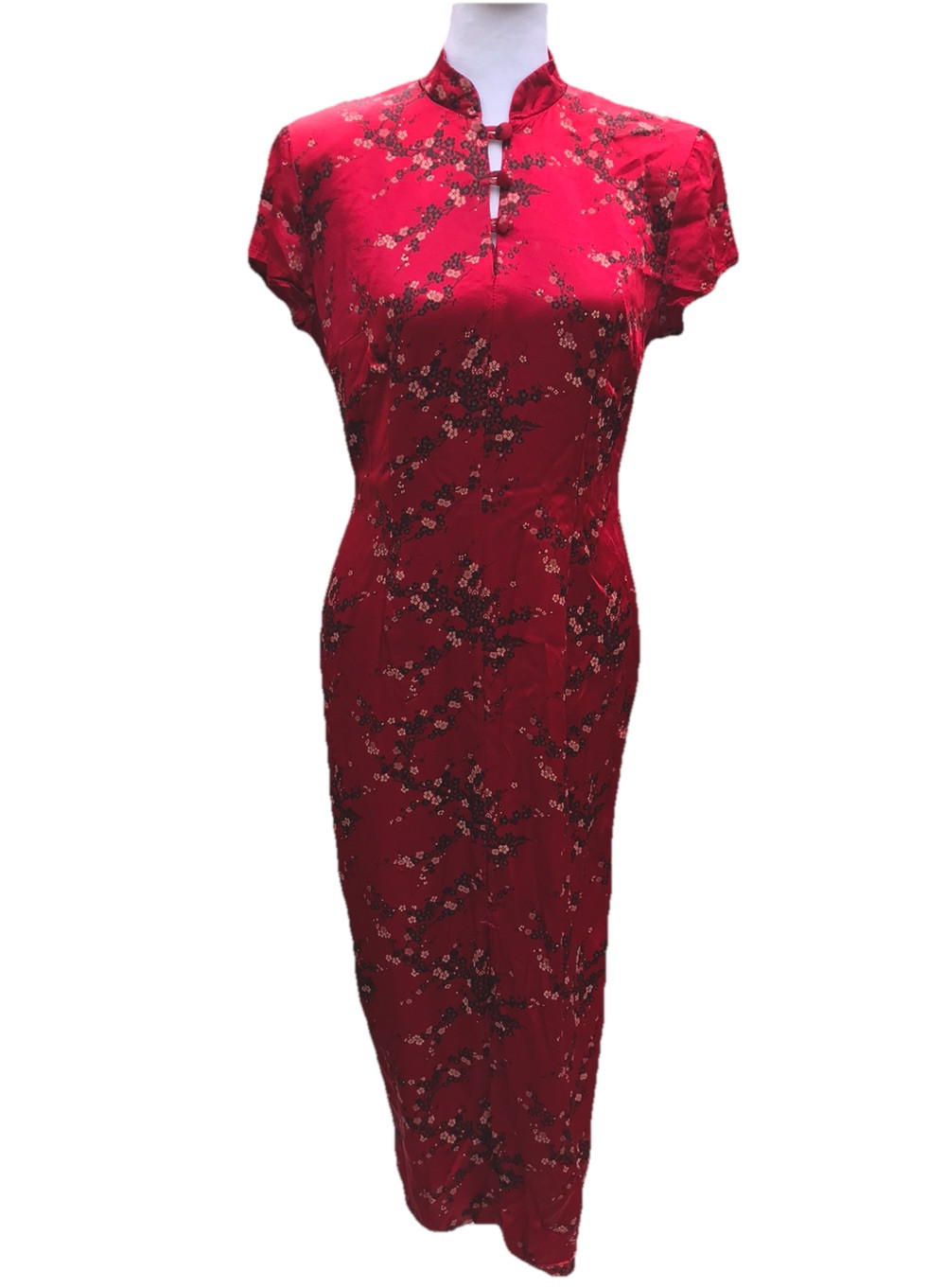 VTG 80s 90s Women’s Red Satin Form Fit Dress Geisha Asian Cherry Blossom 9 M