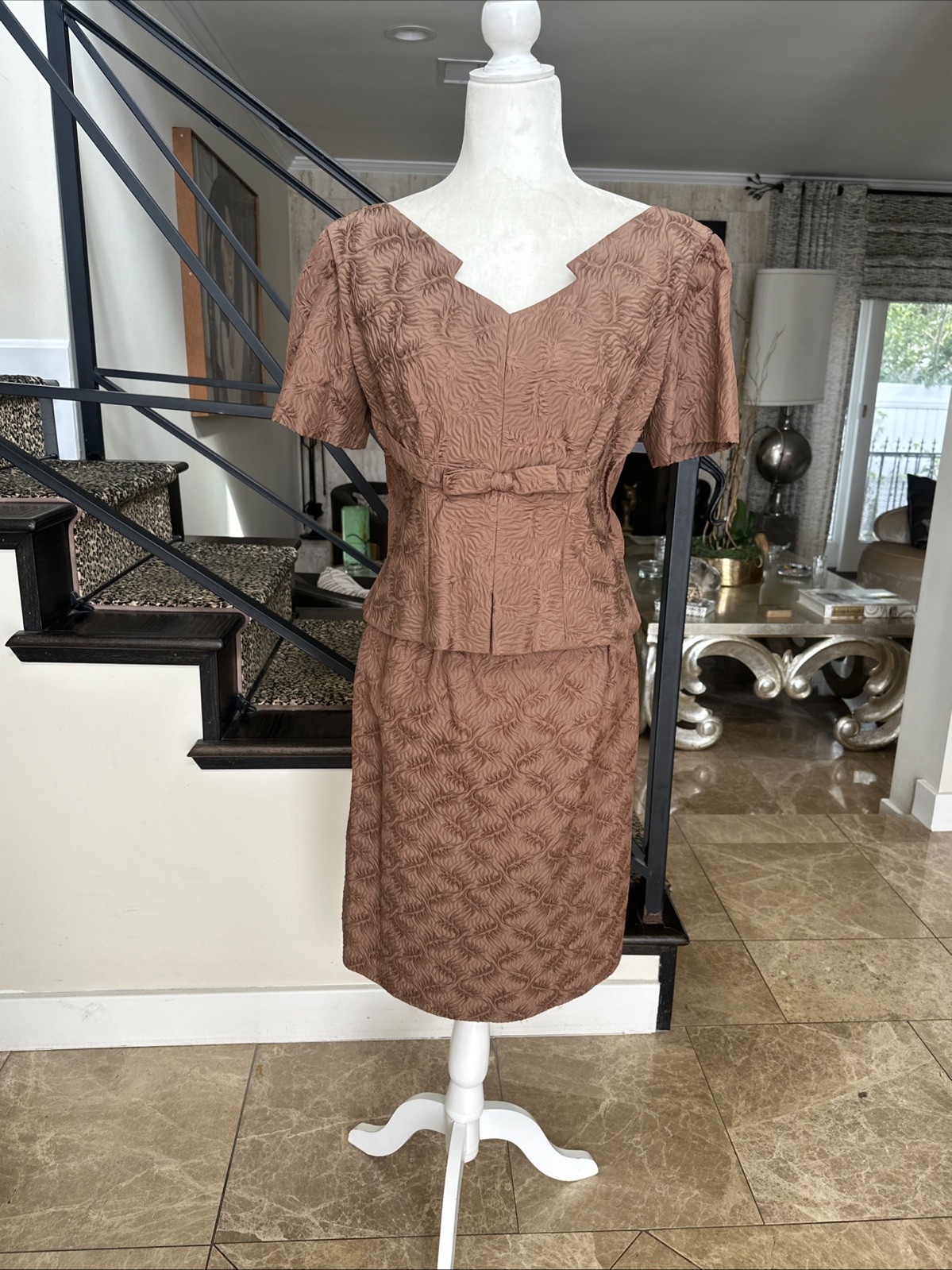 Sophie Gimbel Couture For Saks 50s Mocha Brown Silk Matelasse 3 Piece Skirt Suit